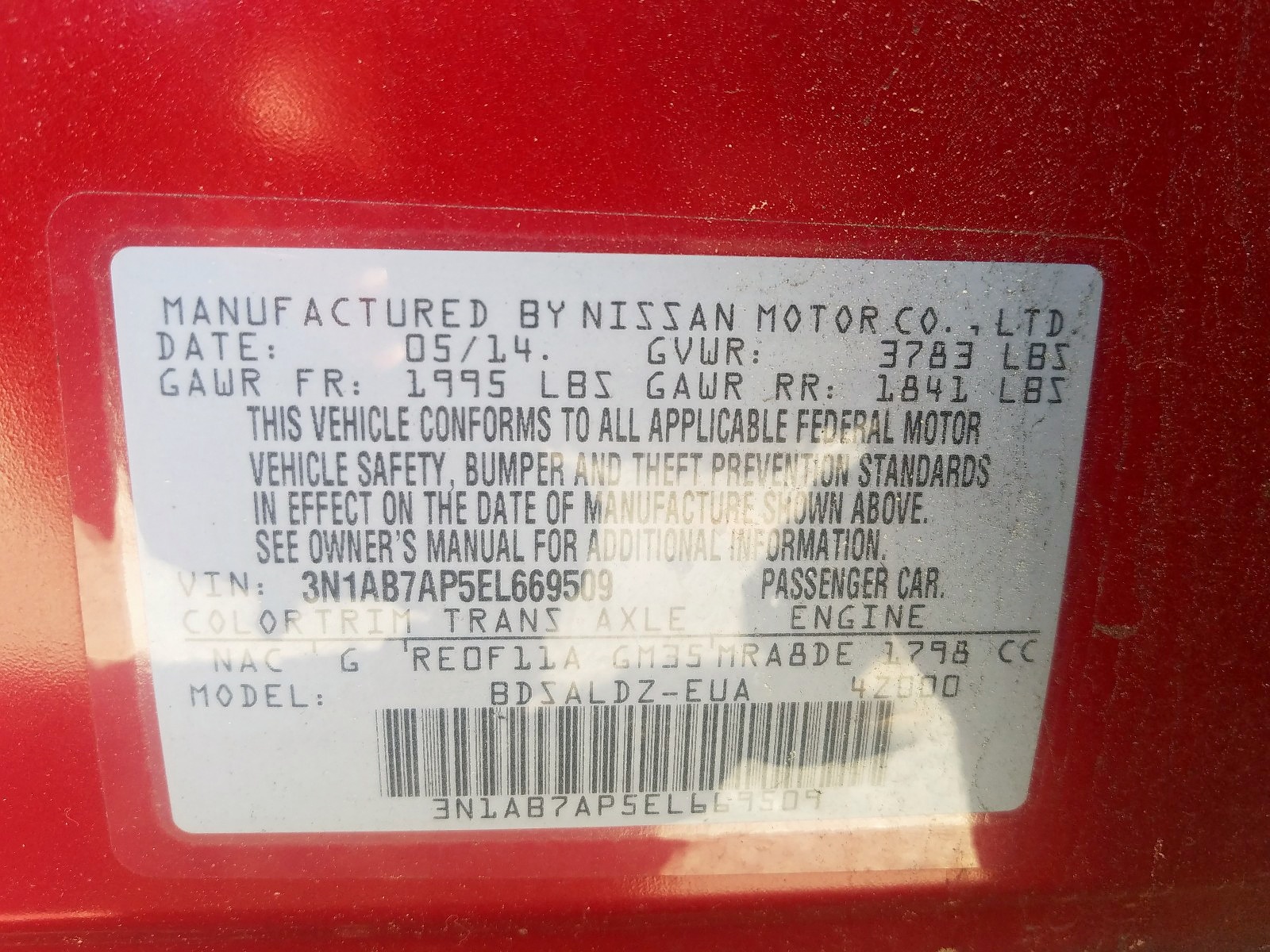 Photo 10 from auction – 2014 NISSAN SENTRA S with VIN 3N1AB7AP5EL669509
