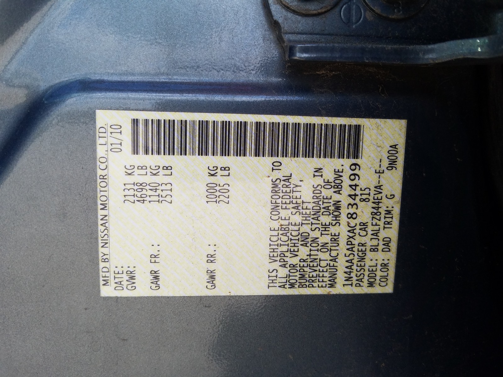 Photo 10 from auction – 2010 NISSAN MAXIMA S with VIN 1N4AA5APXAC834499