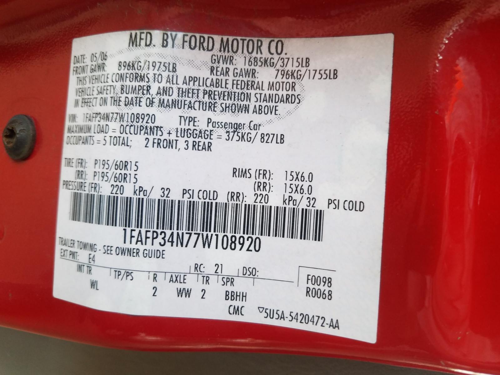 Photo 10 from auction – 2007 FORD FOCUS ZX4 with VIN 1FAFP34N77W108920