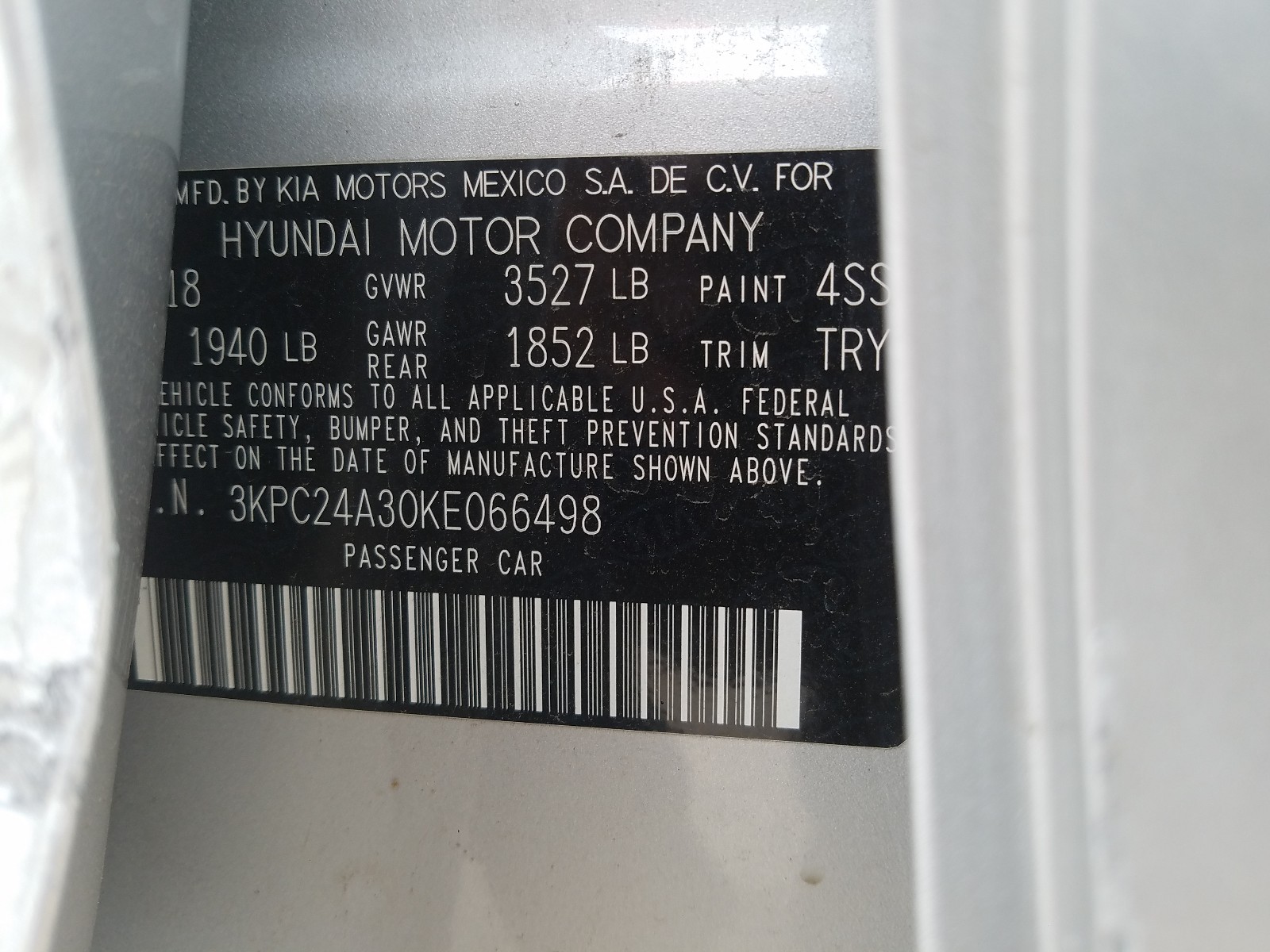 Photo 10 from auction – 2019 HYUNDAI ACCENT SE with VIN 3KPC24A30KE066498