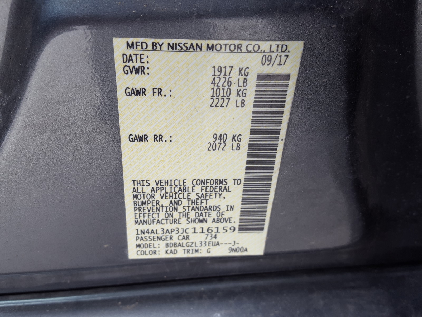 Photo 10 from auction – 2018 NISSAN ALTIMA 2.5 with VIN 1N4AL3AP3JC116159