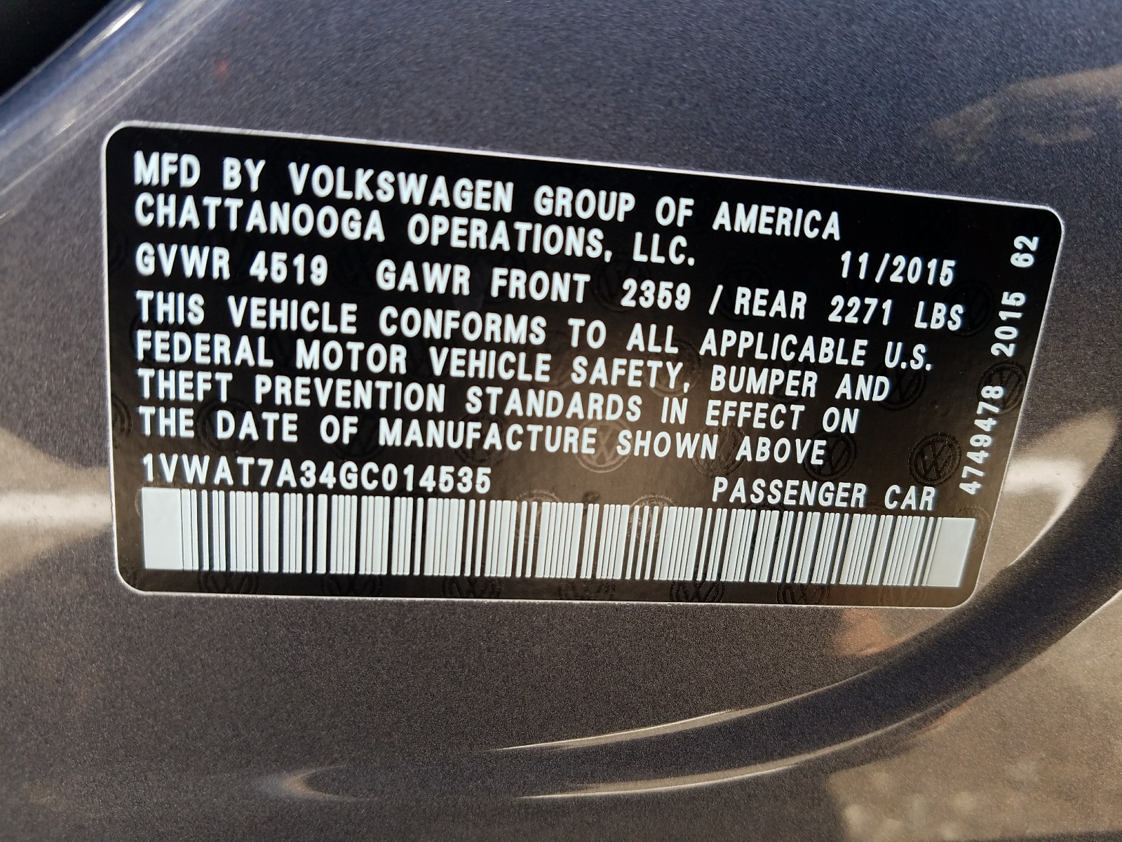 Photo 10 from auction – 2016 VOLKSWAGEN PASSAT S with VIN 1VWAT7A34GC014535
