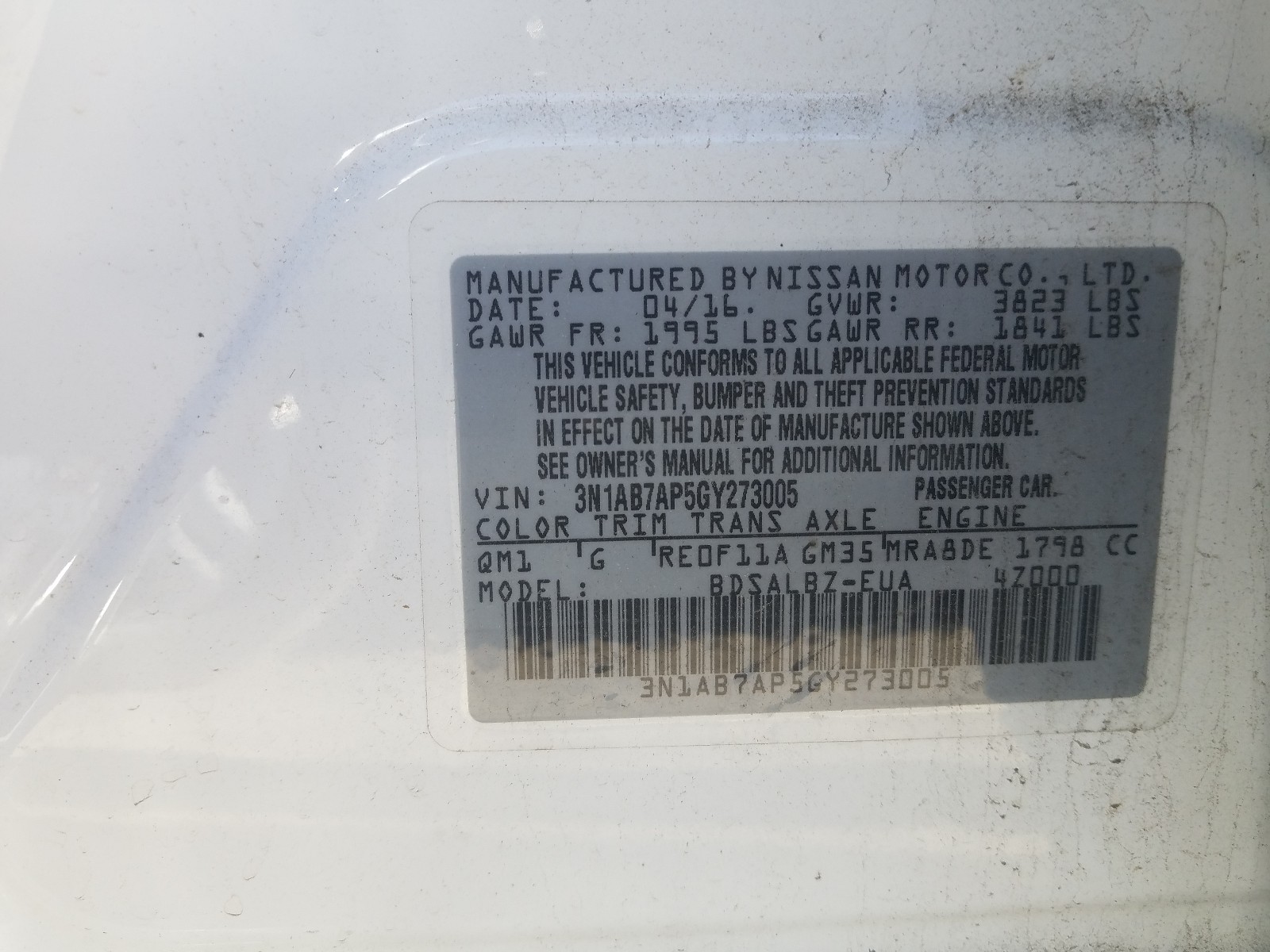 Photo 10 from auction – 2016 NISSAN SENTRA S with VIN 3N1AB7AP5GY273005