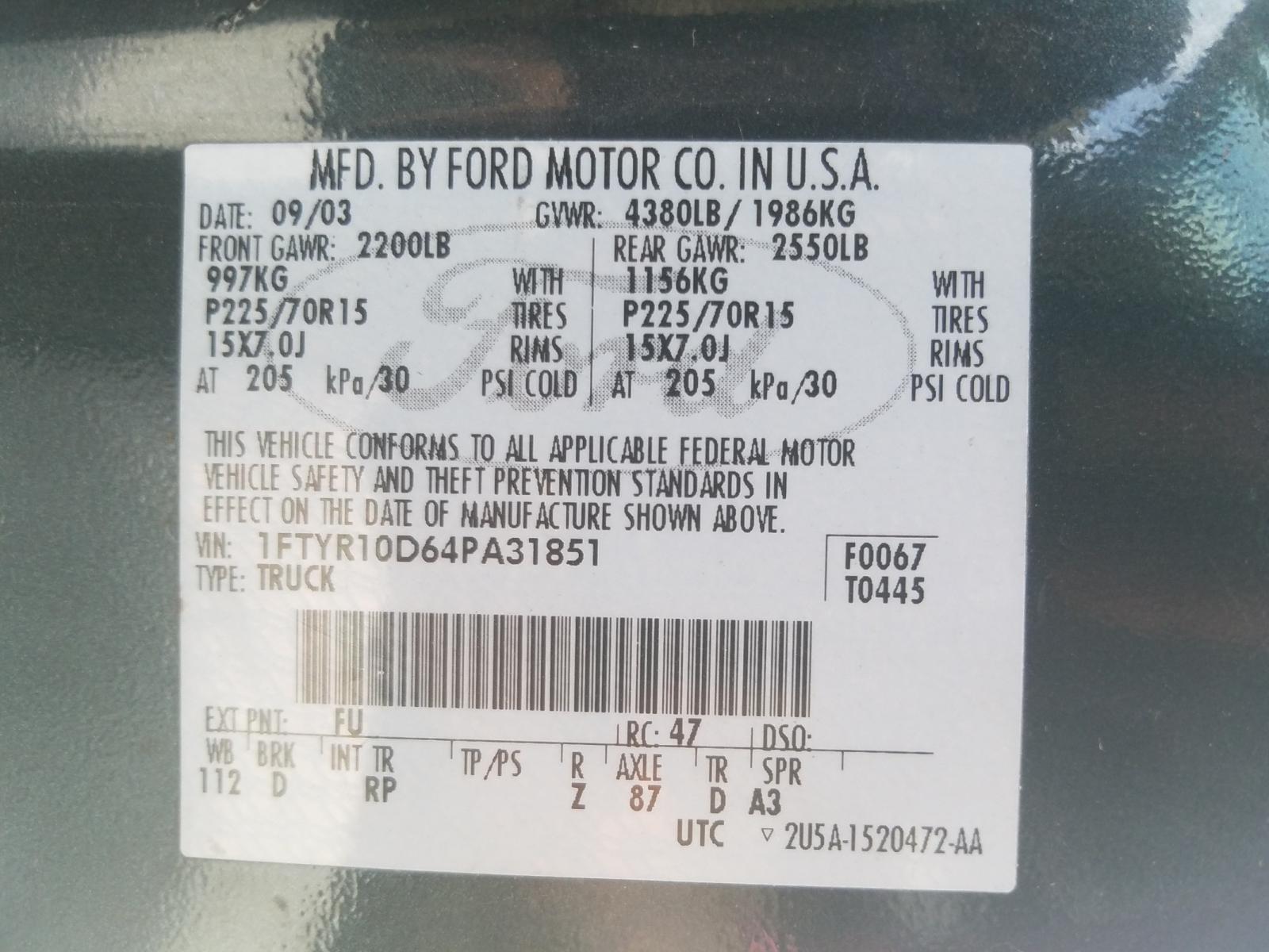 Photo 10 from auction – 2004 FORD RANGER with VIN 1FTYR10D64PA31851