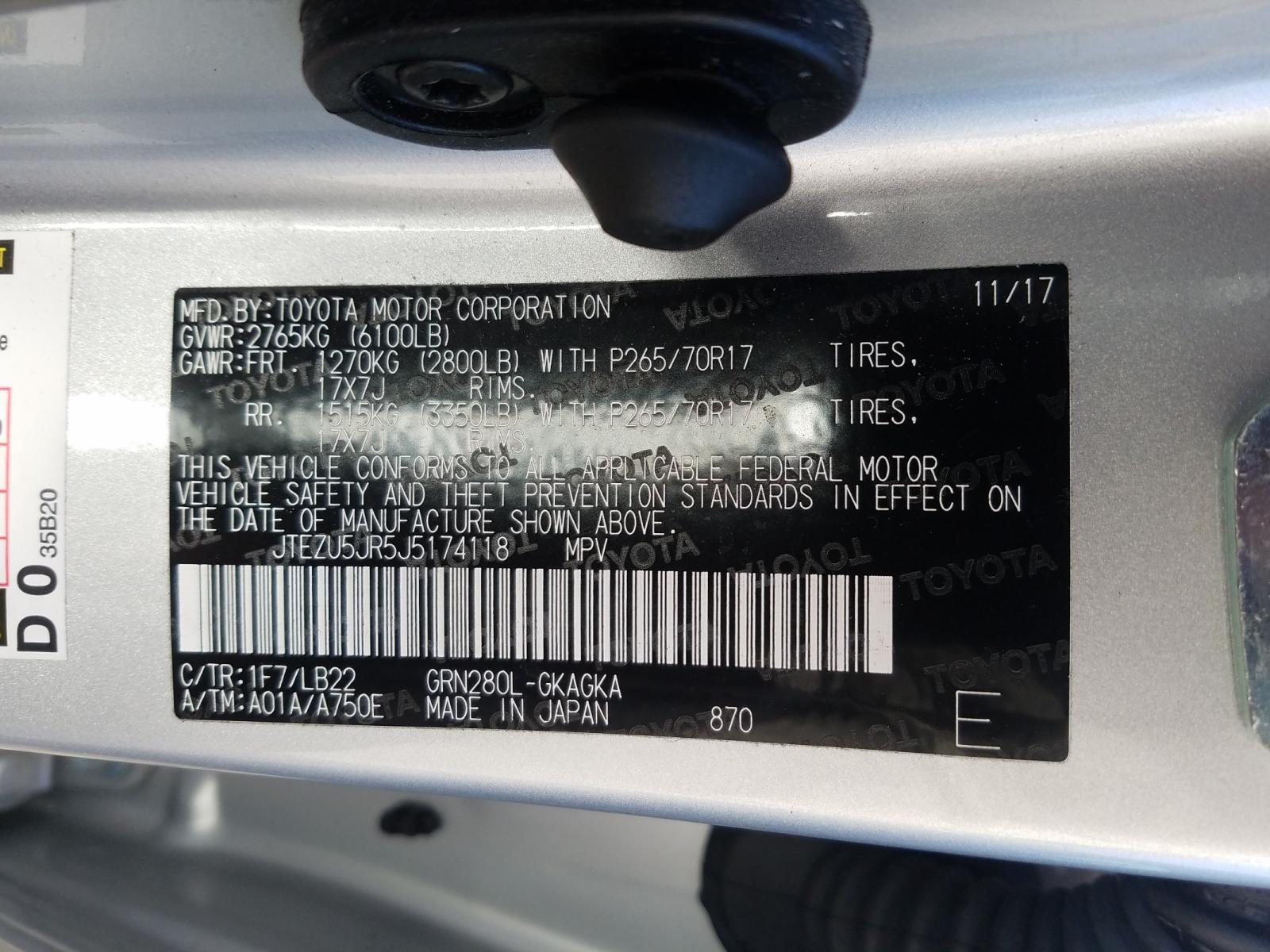 Photo 10 from auction – 2018 TOYOTA 4RUNNER SR with VIN JTEZU5JR5J5174118