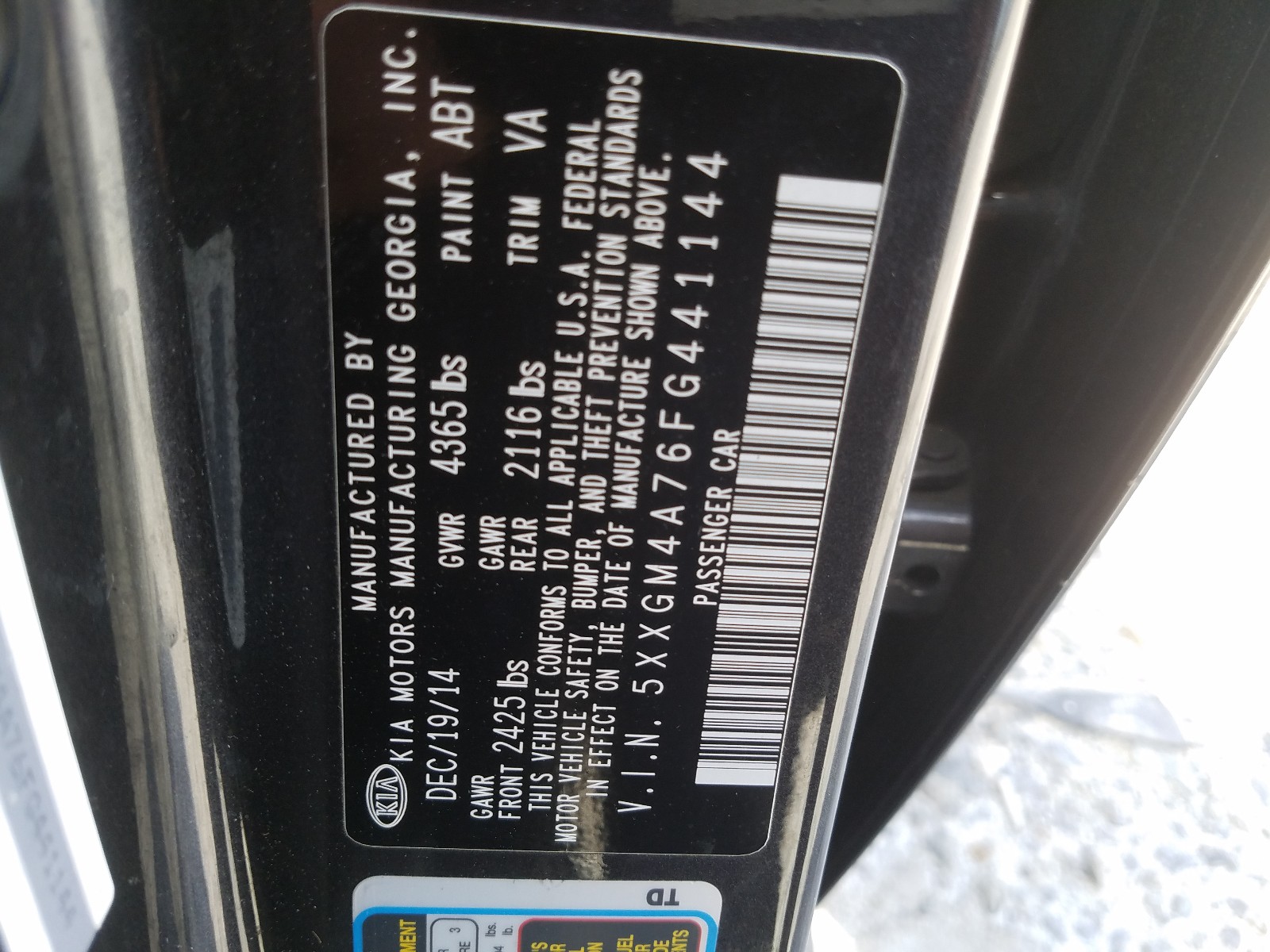Photo 10 from auction – 2015 KIA OPTIMA LX with VIN 5XXGM4A76FG441144