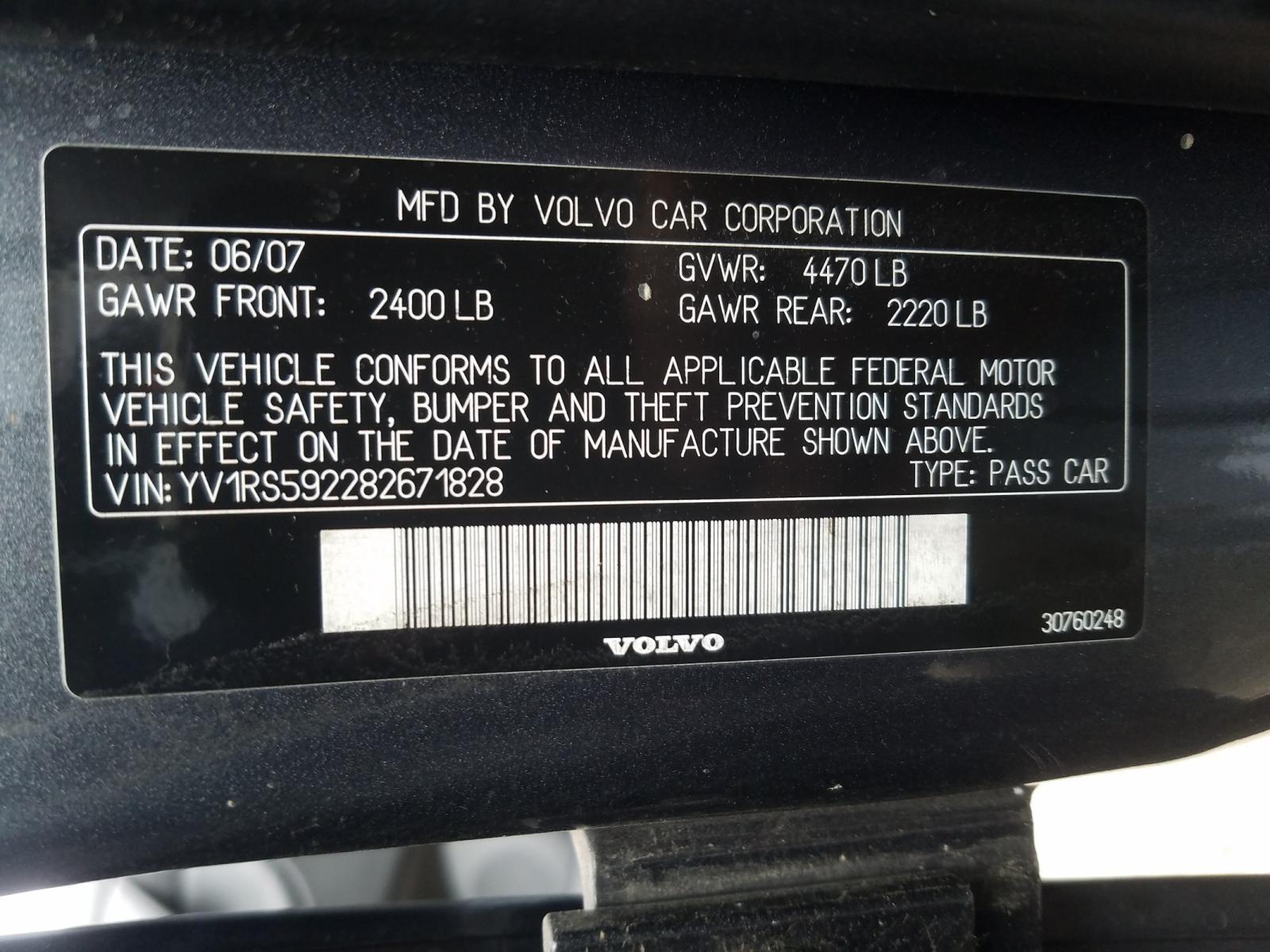 Photo 10 from auction – 2008 VOLVO S60 2.5T with VIN YV1RS592282671828