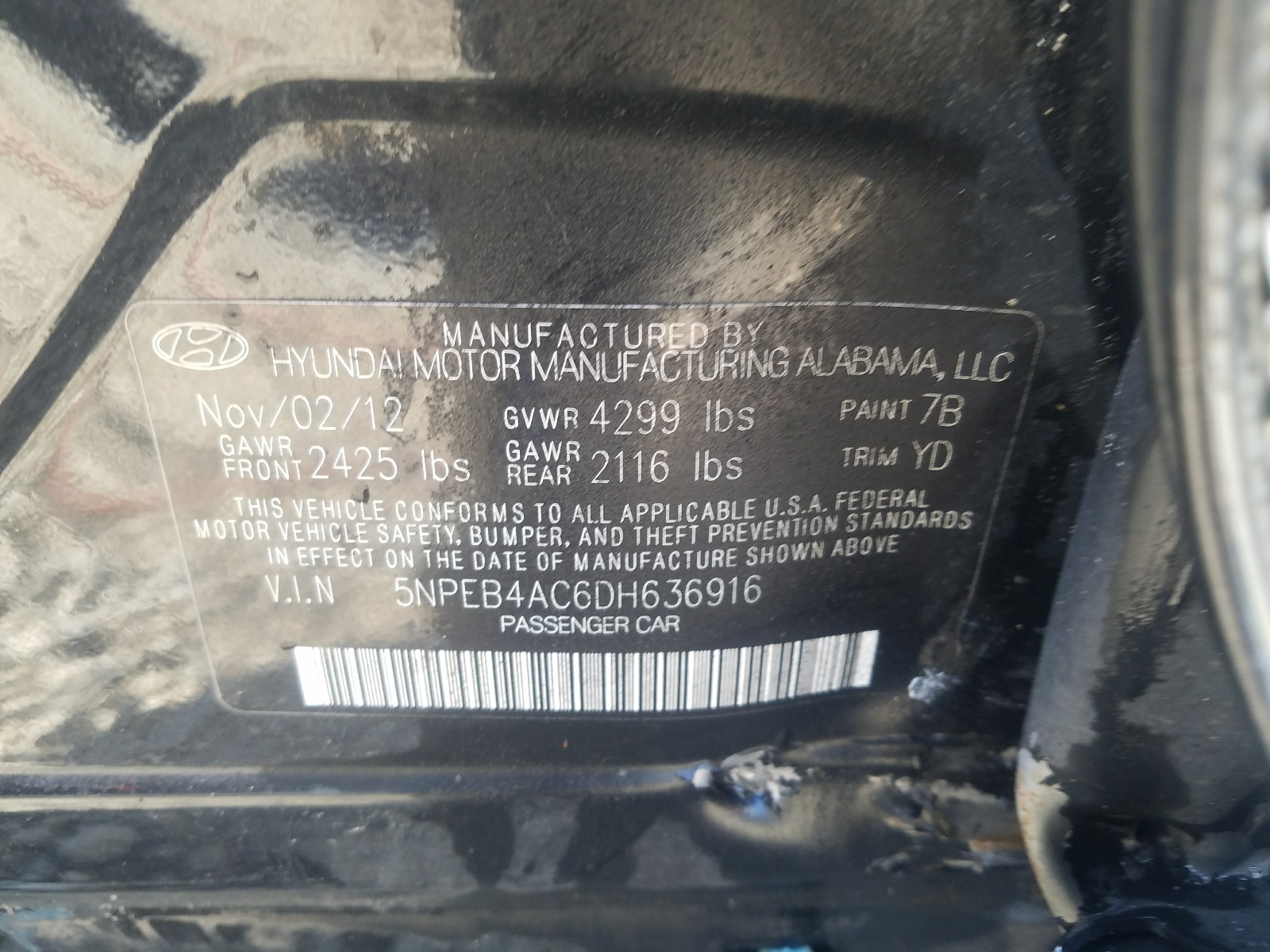 Photo 10 from auction – 2013 HYUNDAI SONATA GLS with VIN 5NPEB4AC6DH636916