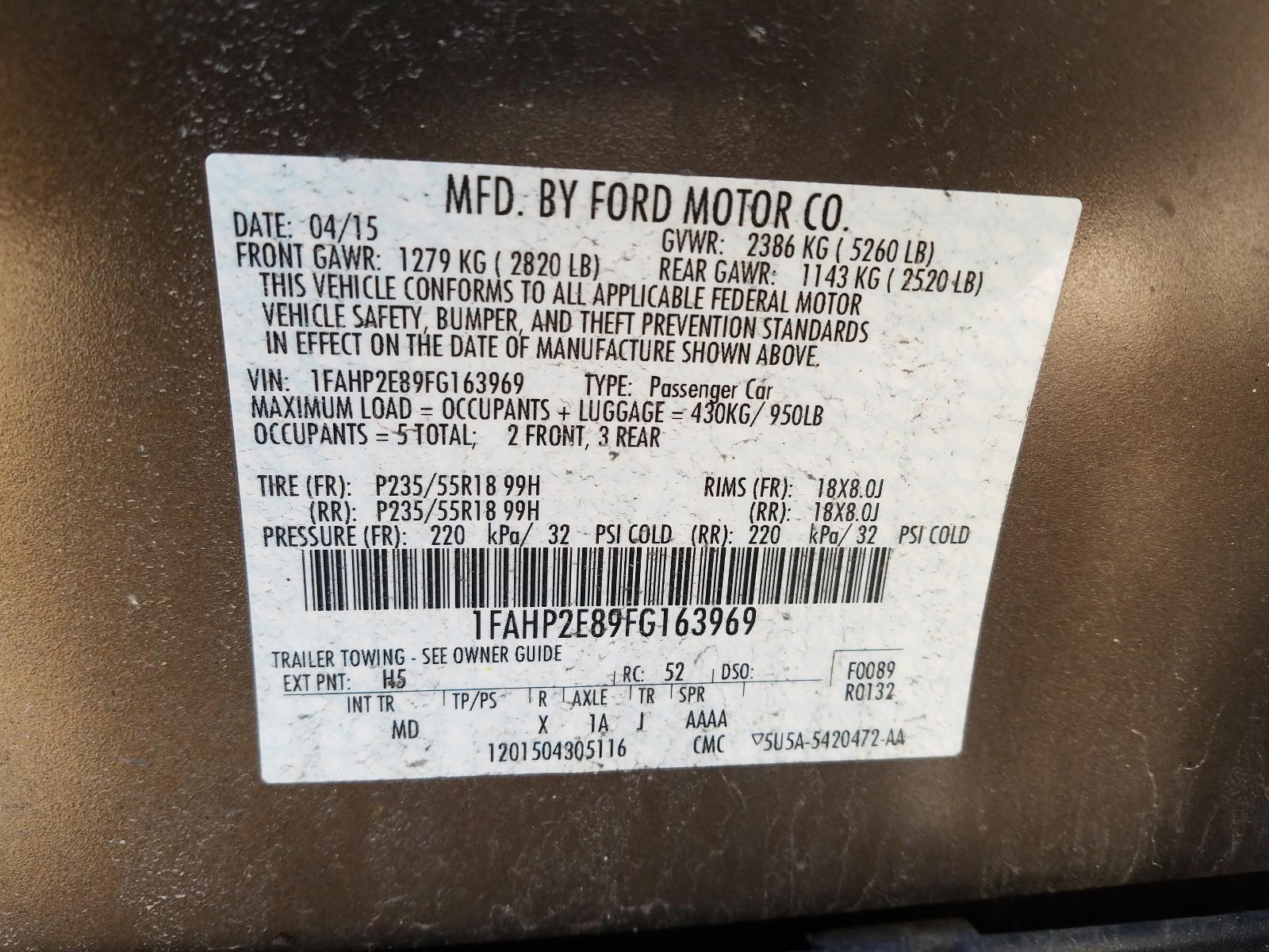 Photo 10 from auction – 2015 FORD TAURUS SEL with VIN 1FAHP2E89FG163969