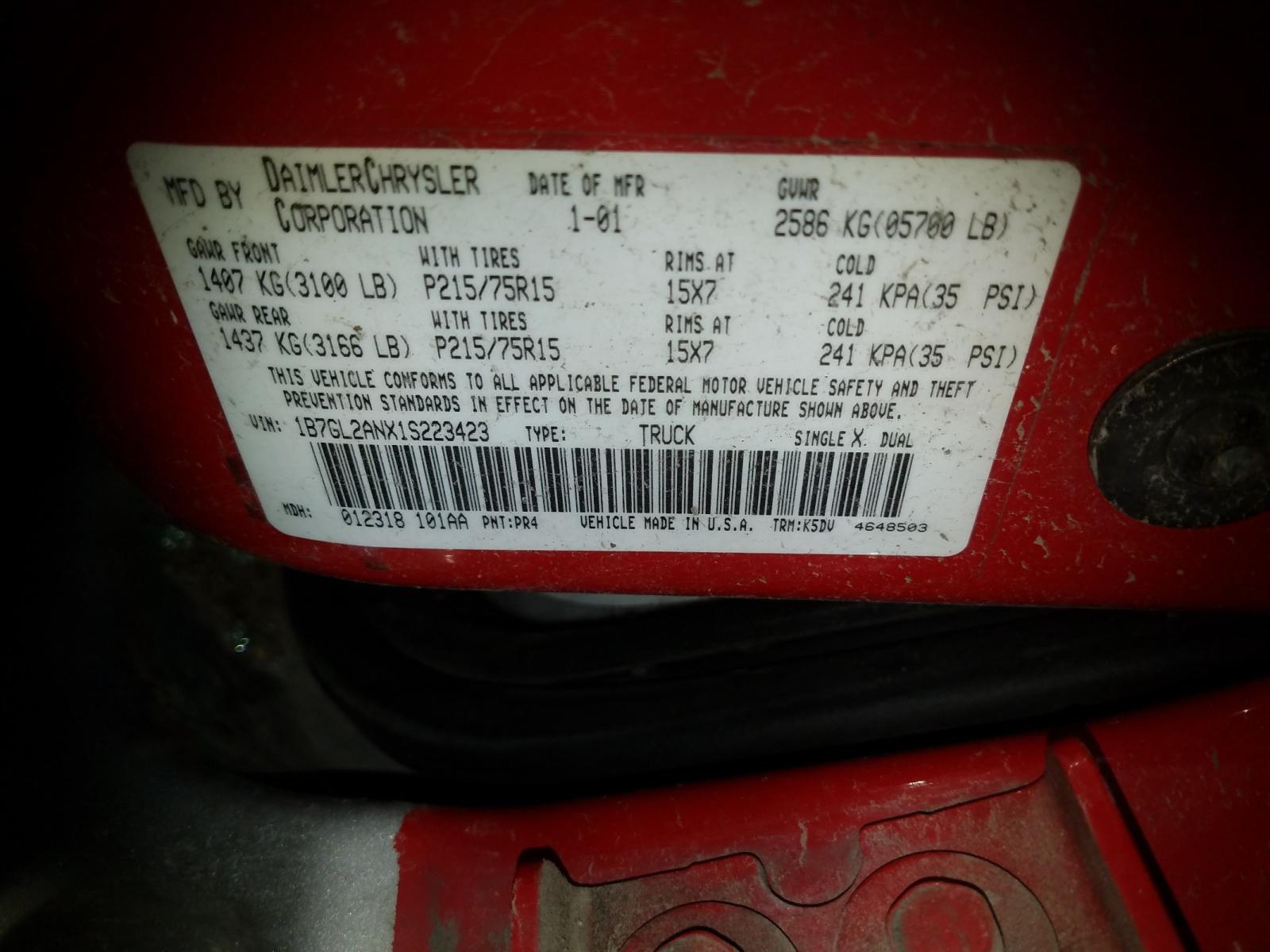 Photo 10 from auction – 2001 DODGE DAKOTA QUA with VIN 1B7GL2ANX1S223423