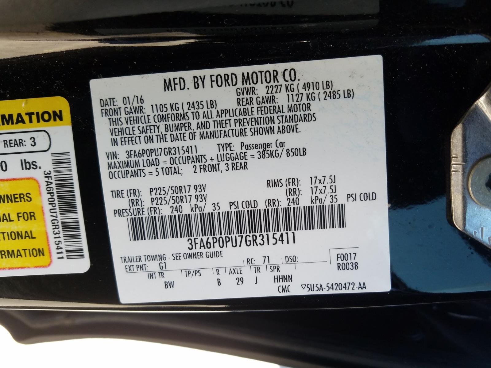 صورة رقم 10 من المزاد - 2016 FORD FUSION SE مع VIN 3FA6P0PU7GR315411