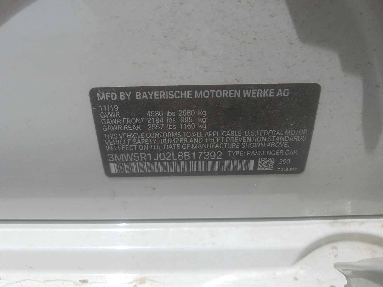 Photo 10 from auction – 2020 BMW 330I with VIN 3MW5R1J02L8B17392