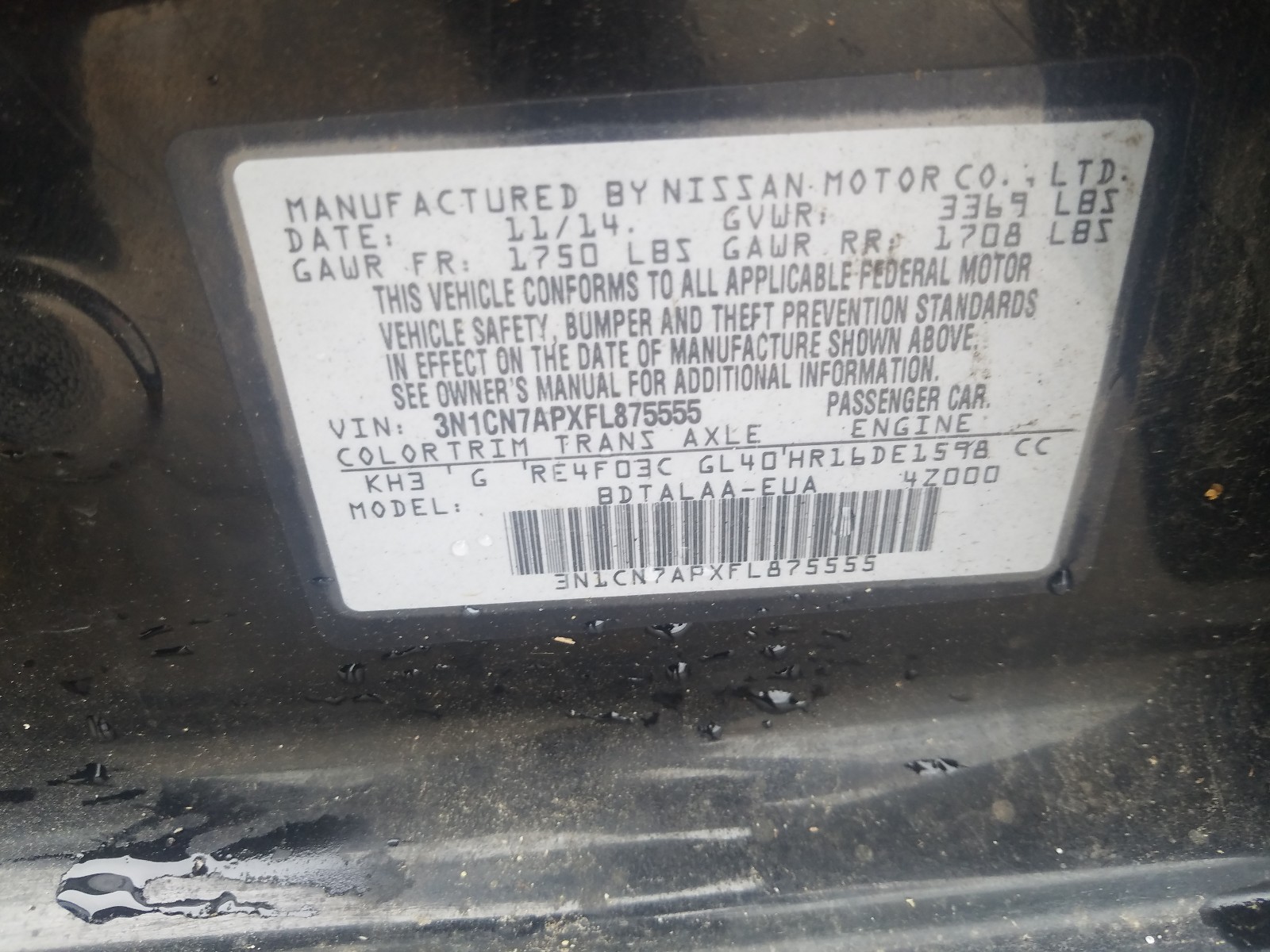 Photo 10 from auction – 2015 NISSAN VERSA S with VIN 3N1CN7APXFL878555