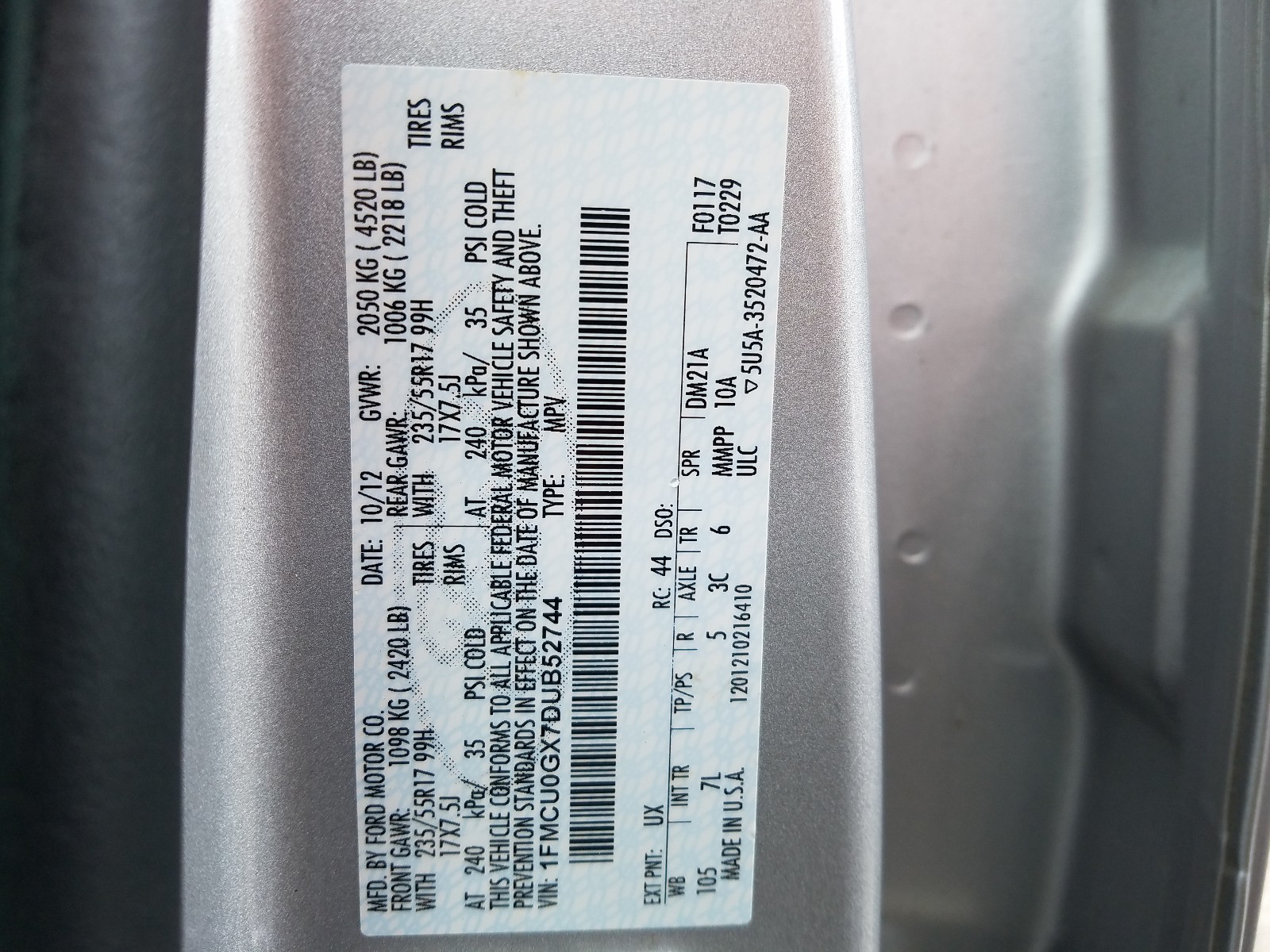 Photo 10 from auction – 2013 FORD ESCAPE SE with VIN 1FMCU0GX7DUB52744