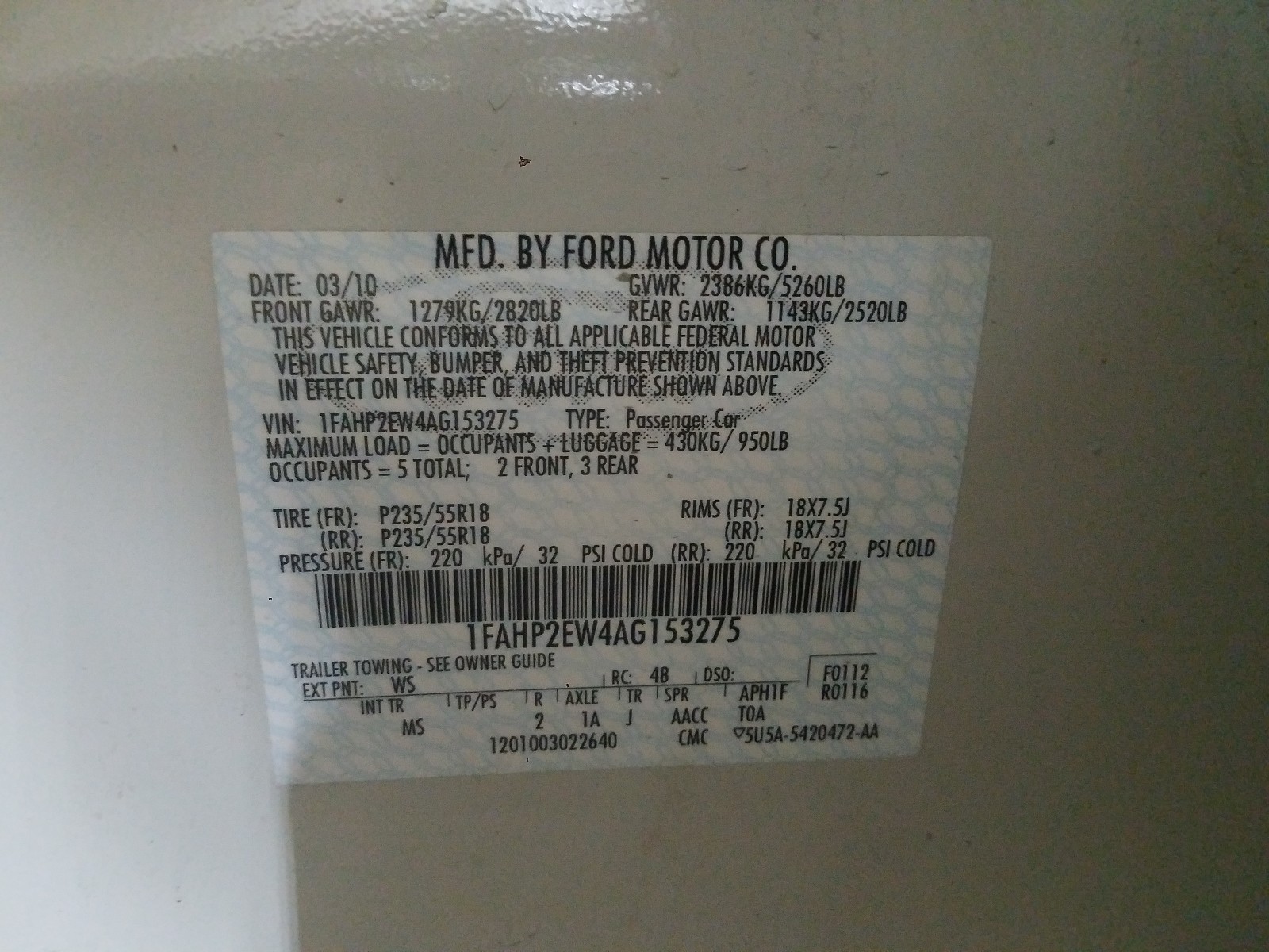 صورة رقم 10 من المزاد - 2010 FORD TAURUS SEL مع VIN 1FAHP2EW4AG153275