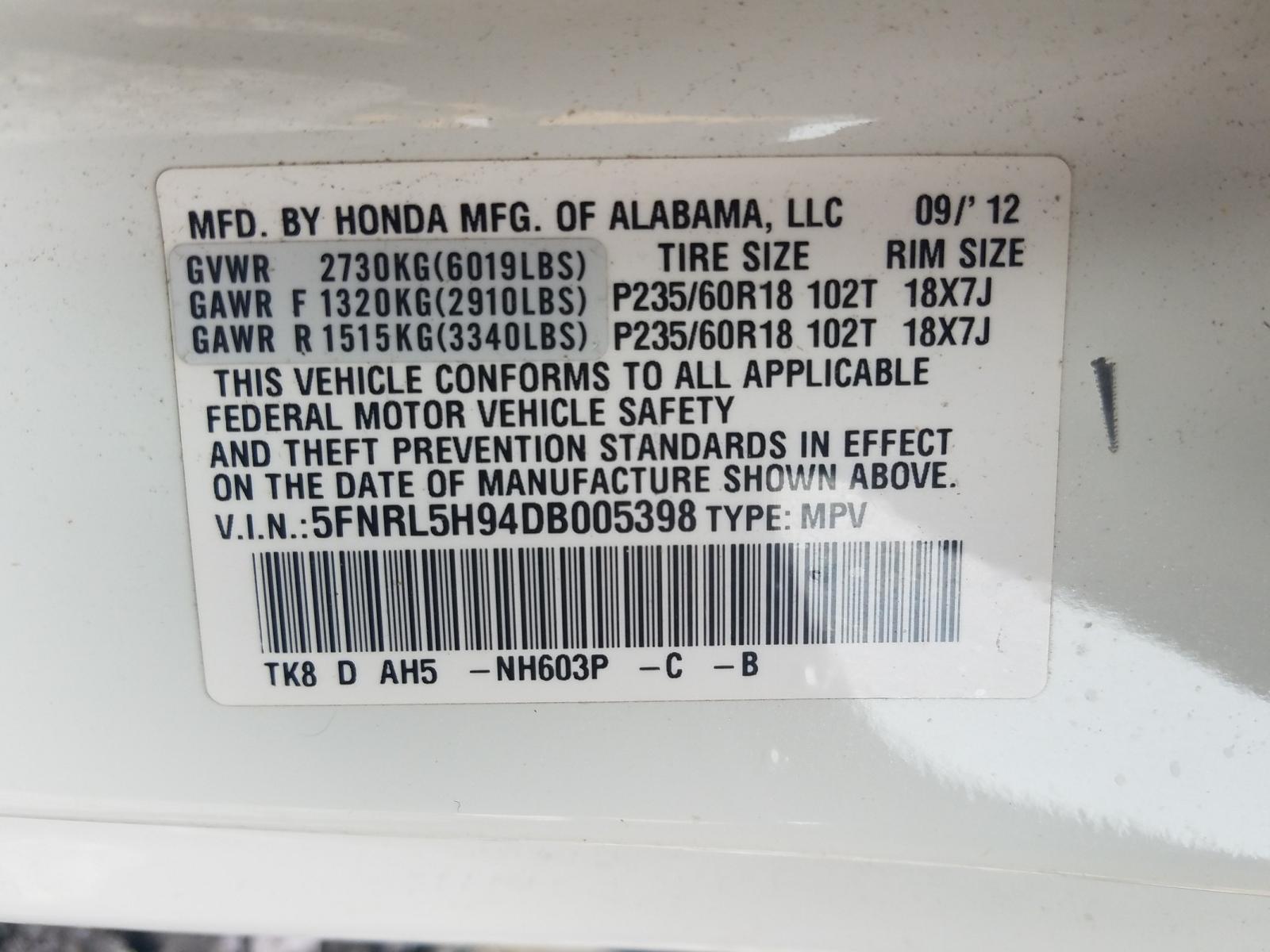 Photo 10 from auction – 2013 HONDA ODYSSEY TO with VIN 5FNRL5H94DB005398