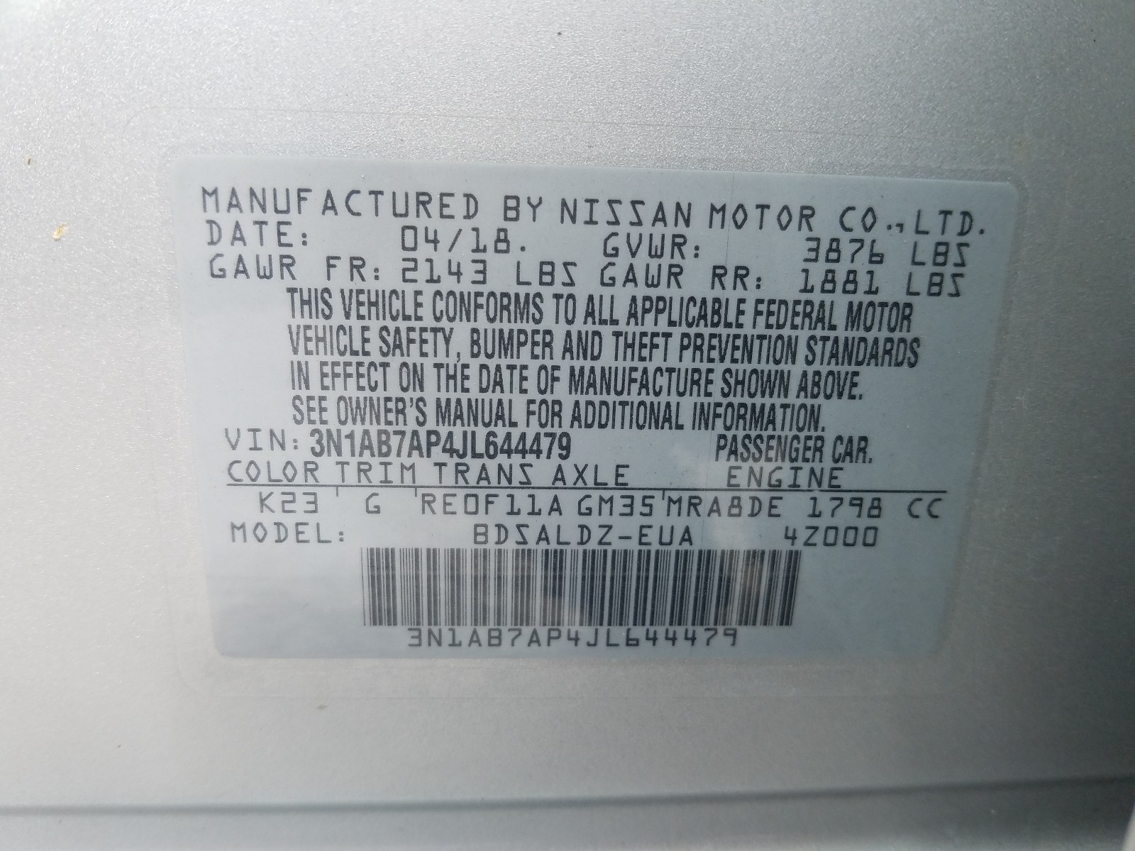 Photo 10 from auction – 2018 NISSAN SENTRA S with VIN 3N1AB7AP4JL644479