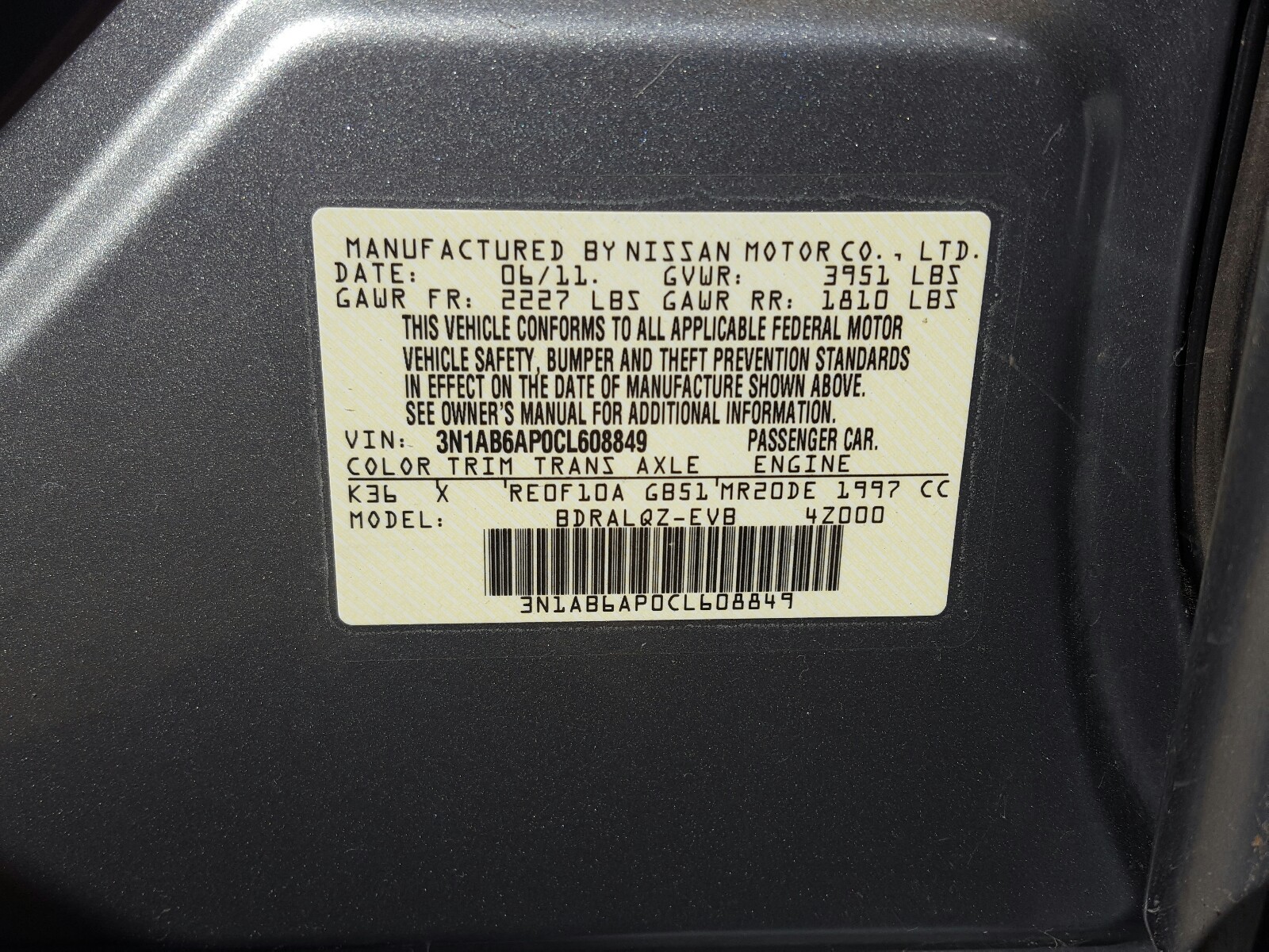 Photo 10 from auction – 2012 NISSAN SENTRA 2.0 with VIN 3N1AB6AP0CL608849