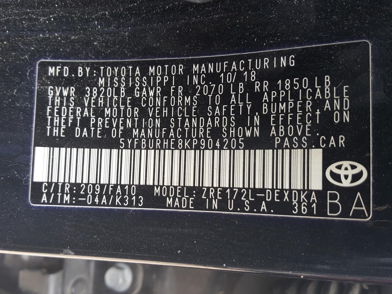 Photo 10 from auction – 2019 TOYOTA COROLLA L with VIN 5YFBURHE8KP904205