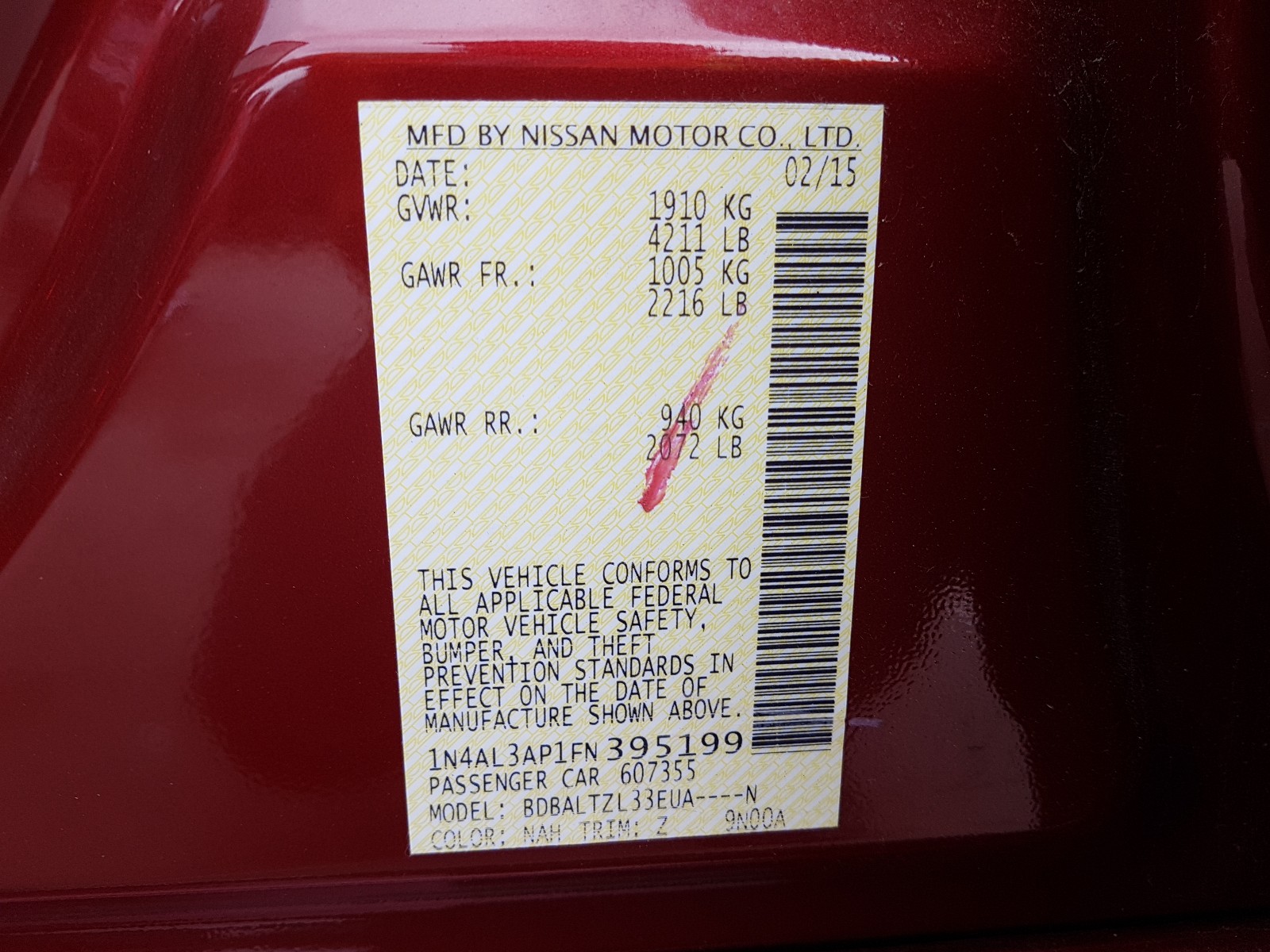 Photo 10 from auction – 2015 NISSAN ALTIMA 2.5 with VIN 1N4AL3AP1FN395199