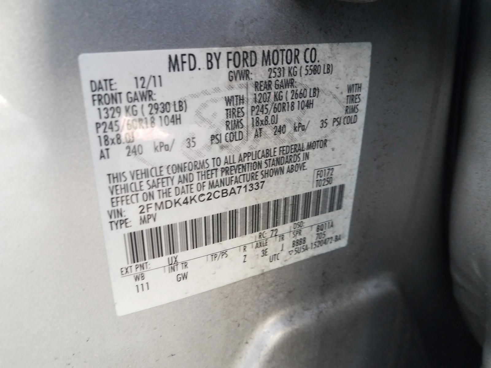 Photo 10 from auction – 2012 FORD EDGE LIMIT with VIN 2FMDK4KC2CBA71337