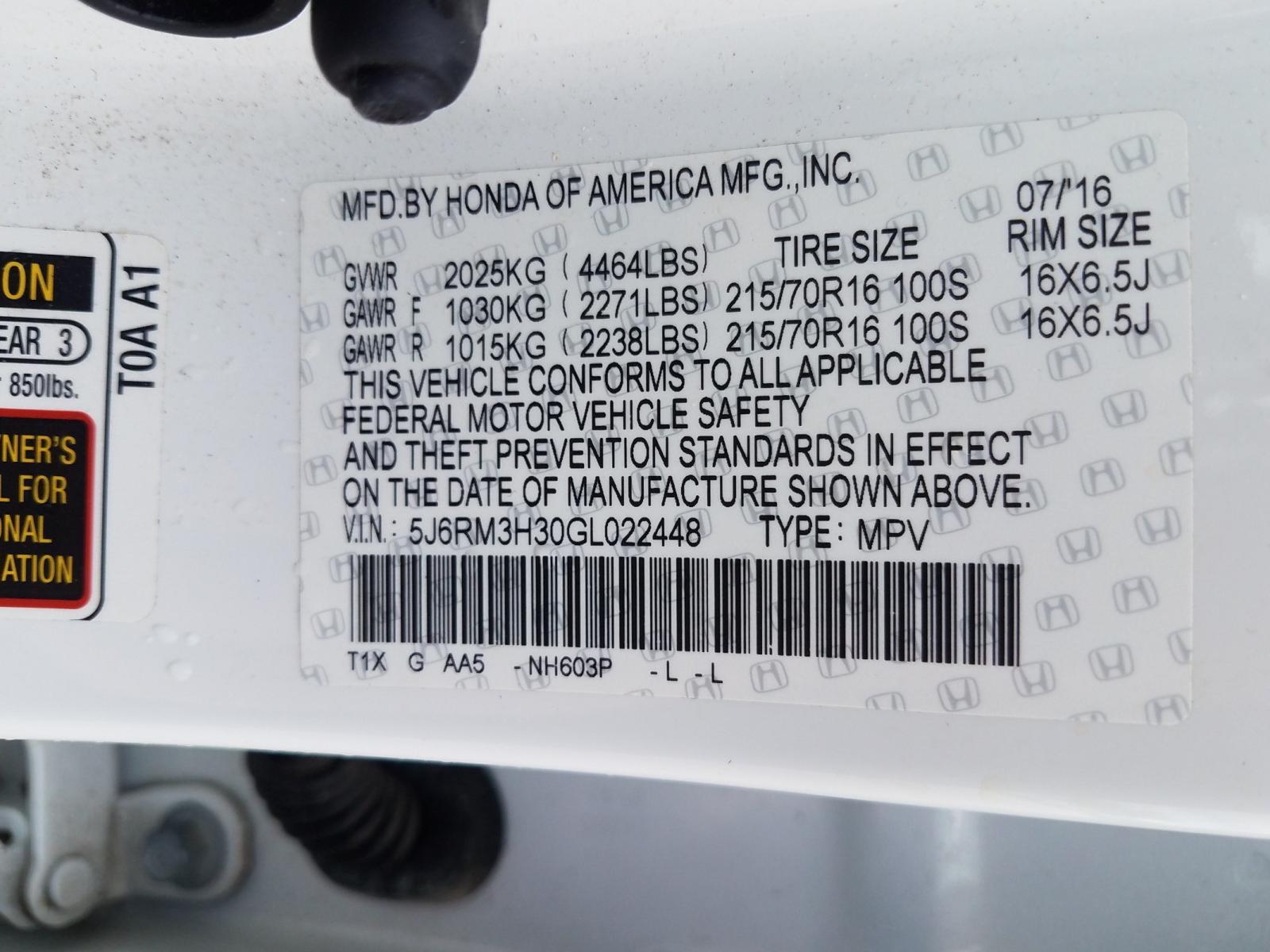 Photo 10 from auction – 2016 HONDA CR-V LX with VIN 5J6RM3H30GL022448