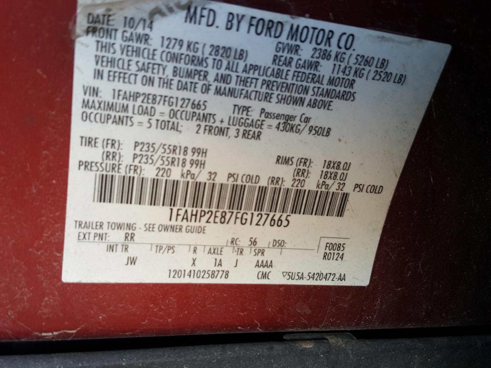 Photo 10 from auction – 2015 FORD TAURUS SEL with VIN 1FAHP2E87FG127665