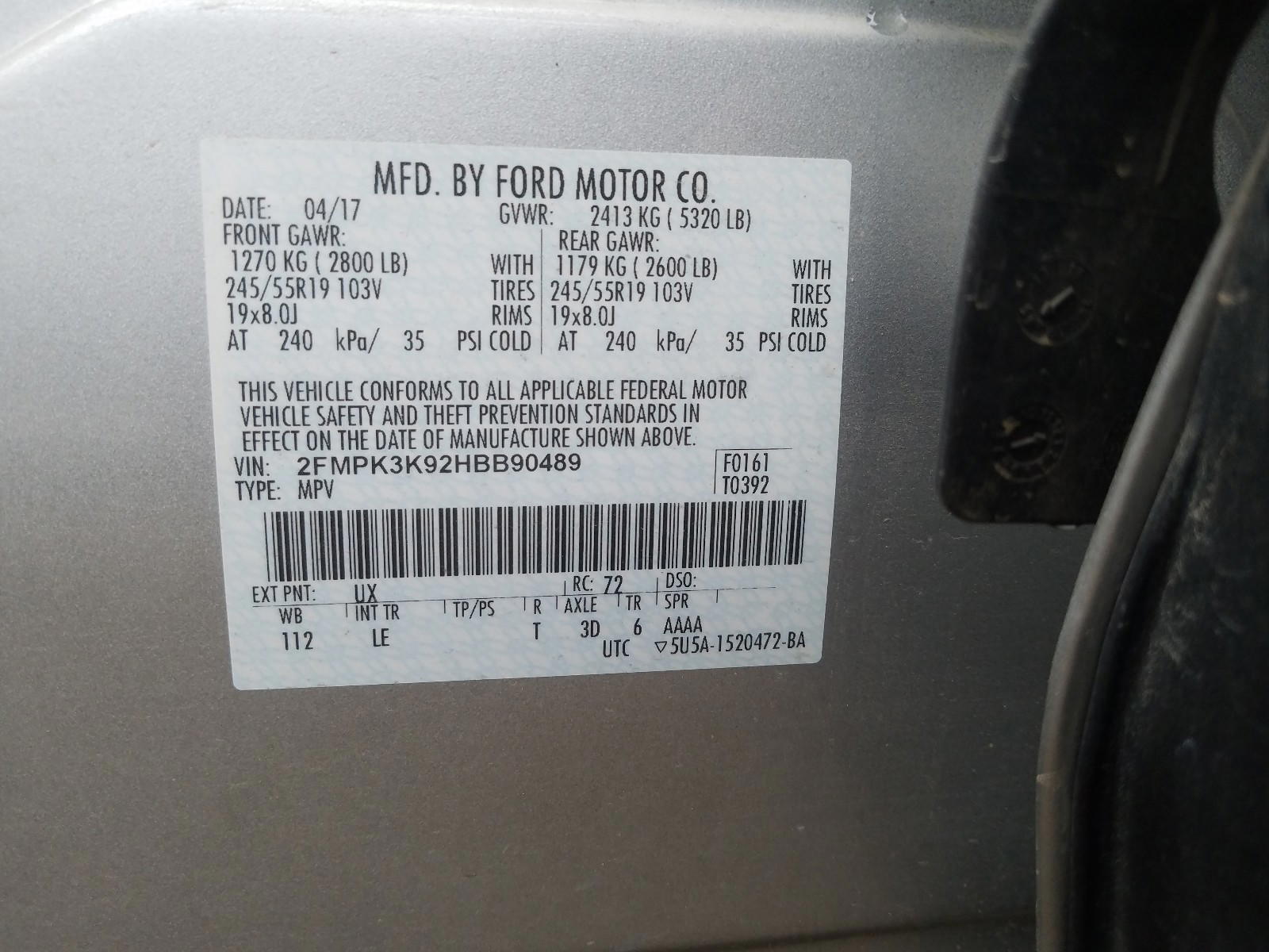 Photo 10 from auction – 2017 FORD EDGE TITAN with VIN 2FMPK3K92HBB90489