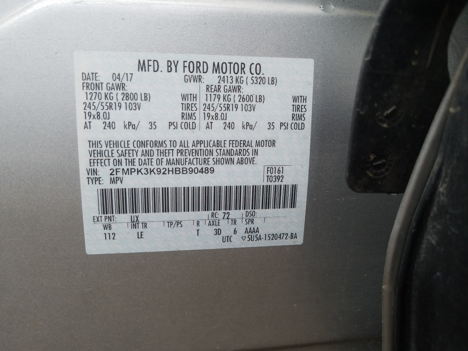 Foto 10 de la subasta – 2017 FORD EDGE TITAN con VIN 2FMPK3K92HBB90489