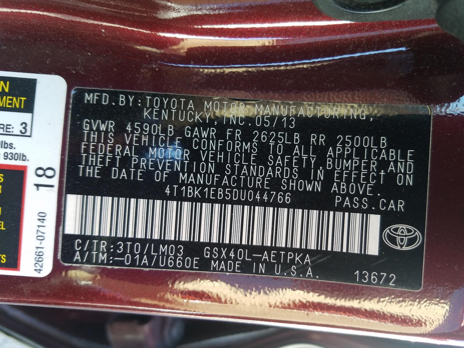 Photo 10 from auction – 2013 TOYOTA AVALON BAS with VIN 4T1BK1EB5DU044766