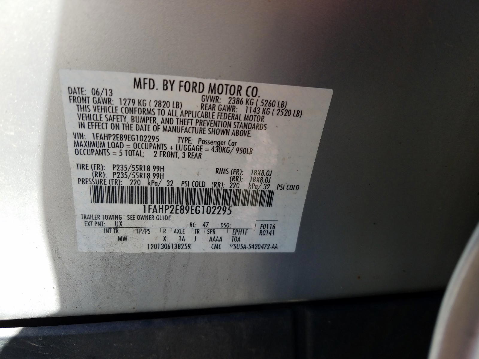 Photo 10 from auction – 2014 FORD TAURUS SEL with VIN 1FAHP2E89EG102295