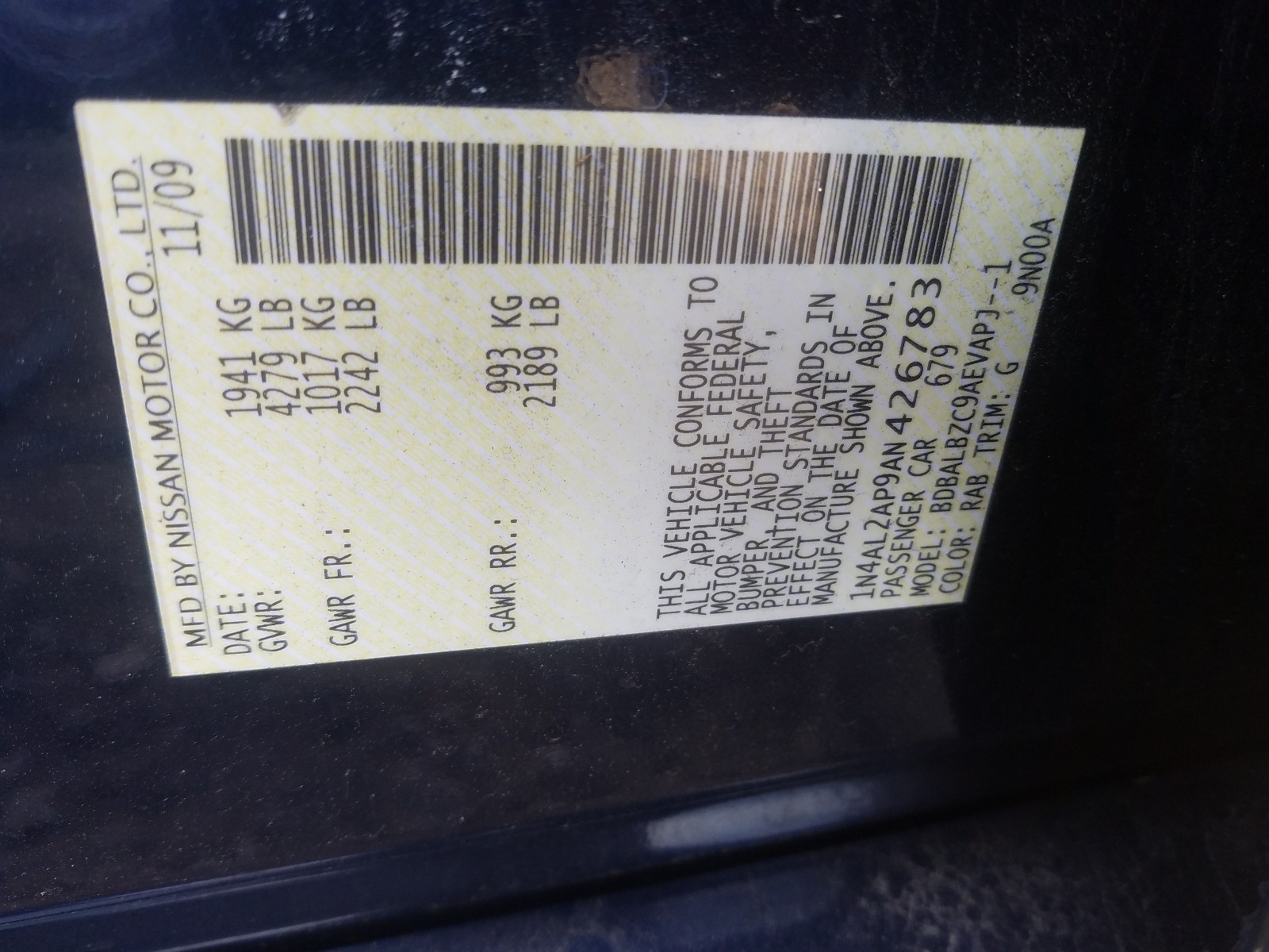 Photo 10 from auction – 2010 NISSAN ALTIMA BAS with VIN 1N4AL2AP9AN426783