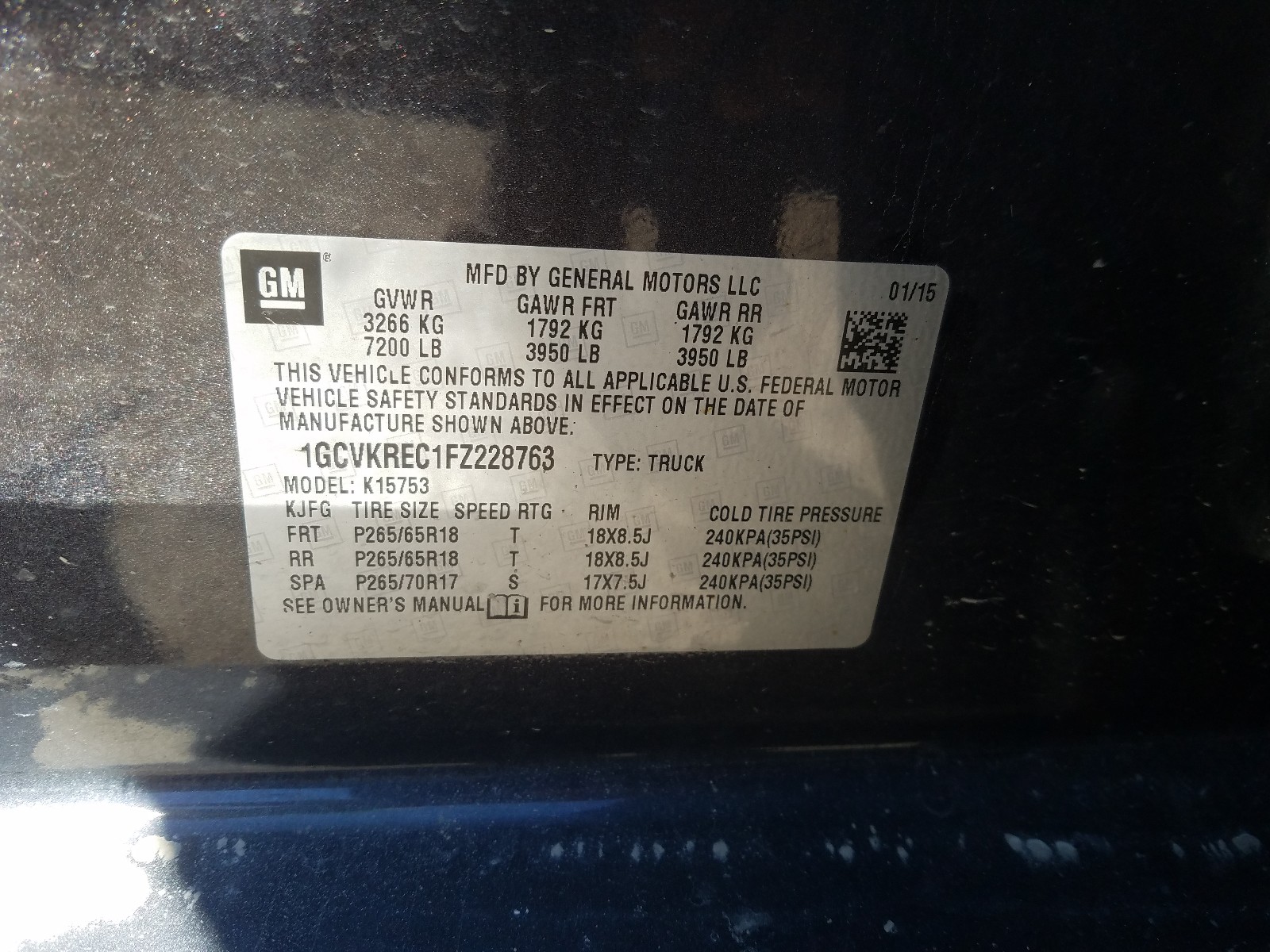 Photo 10 from auction – 2015 CHEVROLET SILVERADO with VIN 1GCVKREC1FZ228763