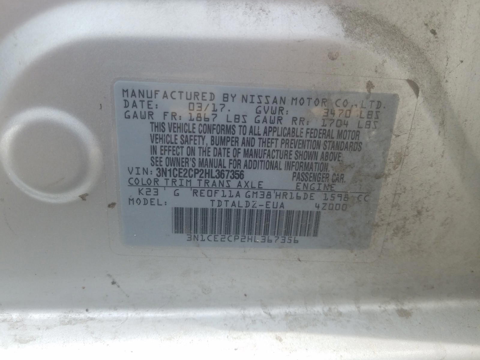 Photo 10 from auction – 2017 NISSAN VERSA NOTE with VIN 3N1CE2CP2HL367356