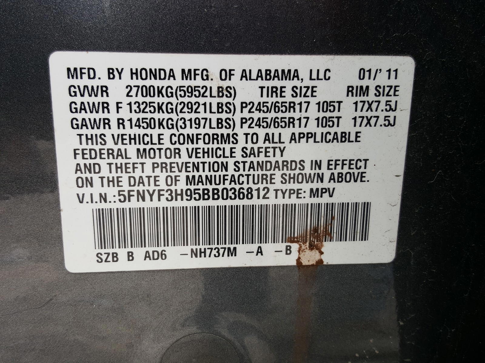 Photo 10 from auction – 2011 HONDA PILOT TOUR with VIN 5FNYF3H95BB036812