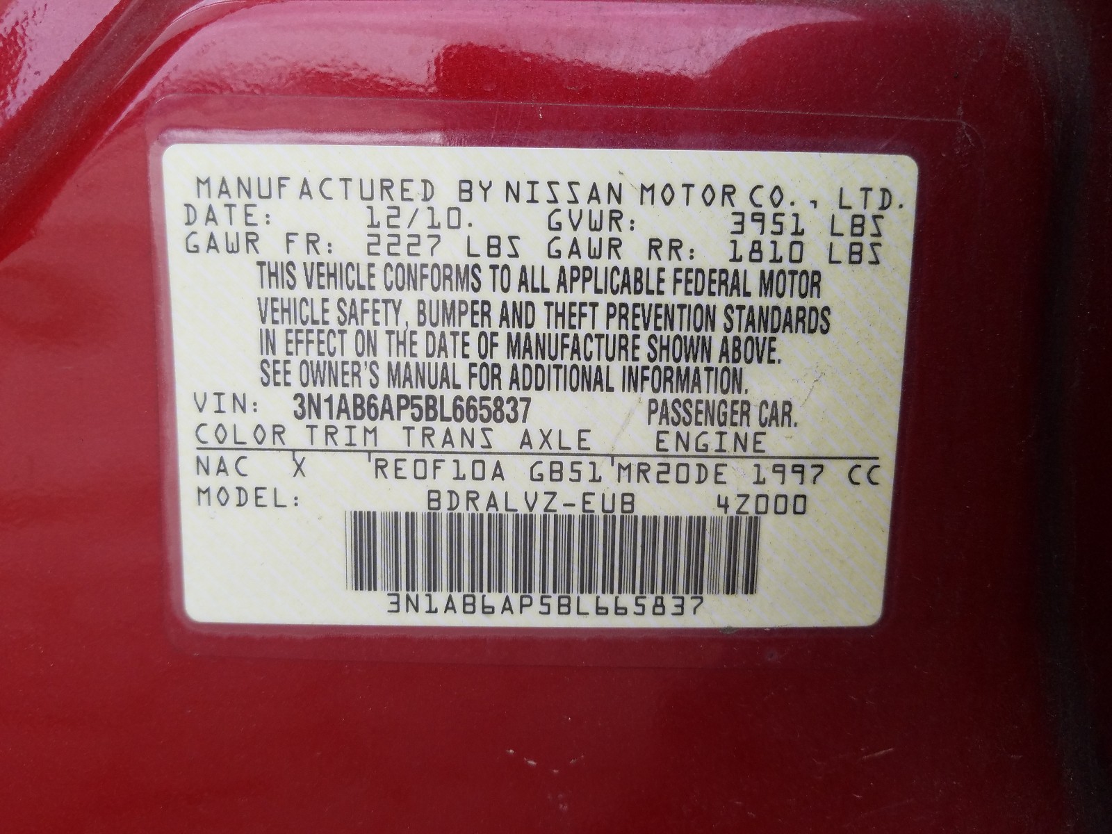 Photo 10 from auction – 2011 NISSAN SENTRA 2.0 with VIN 3N1AB6AP5BL665837