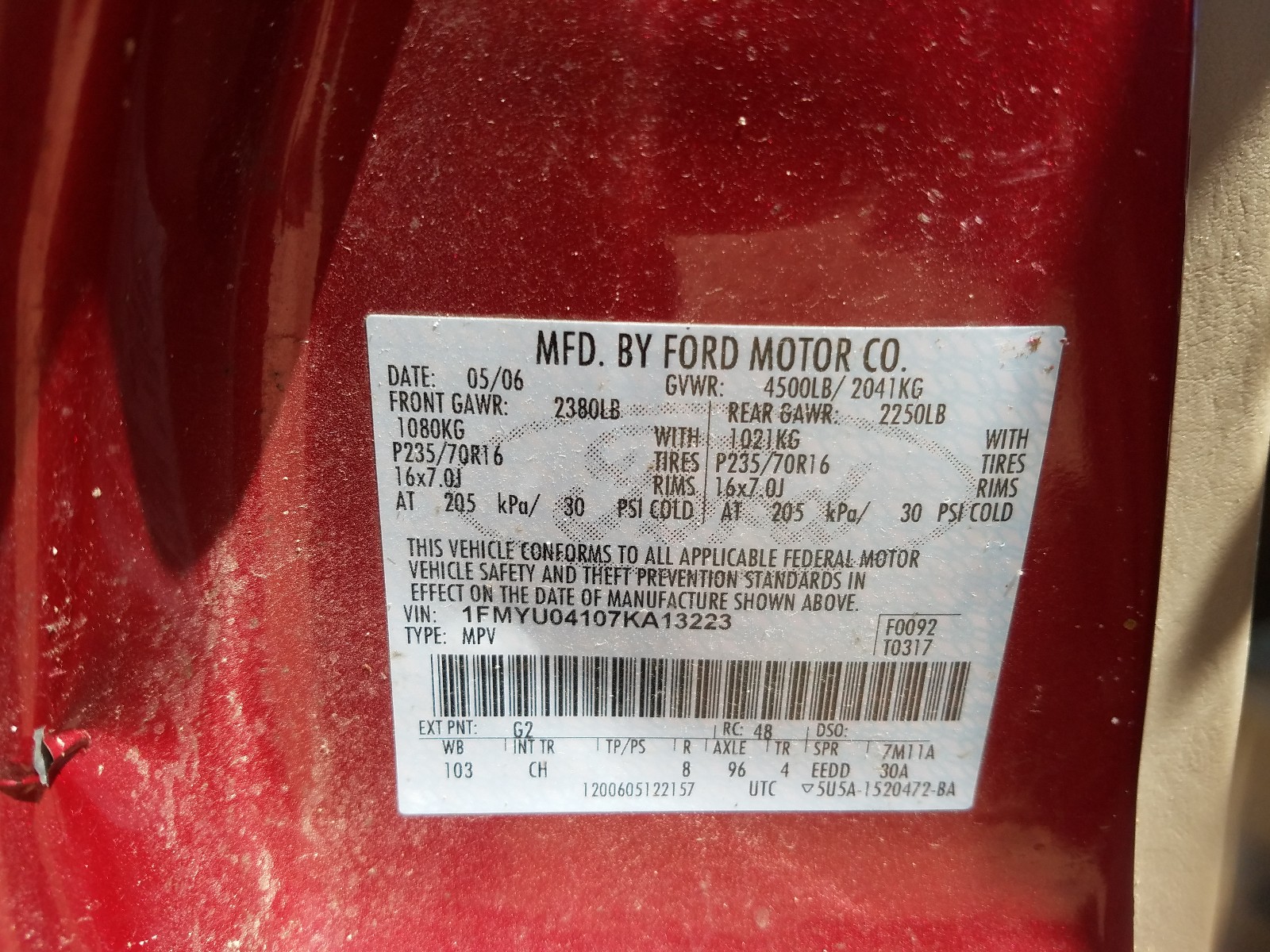 Photo 10 from auction – 2007 FORD ESCAPE LIM with VIN 1FMYU04107KA13223