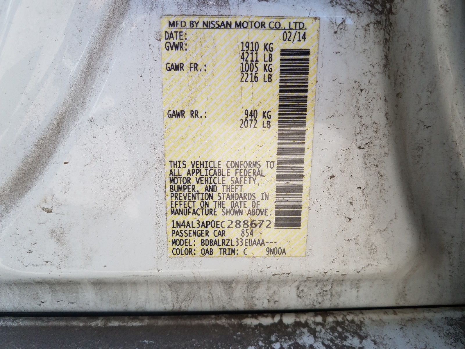 Photo 10 from auction – 2014 NISSAN ALTIMA 2.5 with VIN 1N4AL3AP0EC288672
