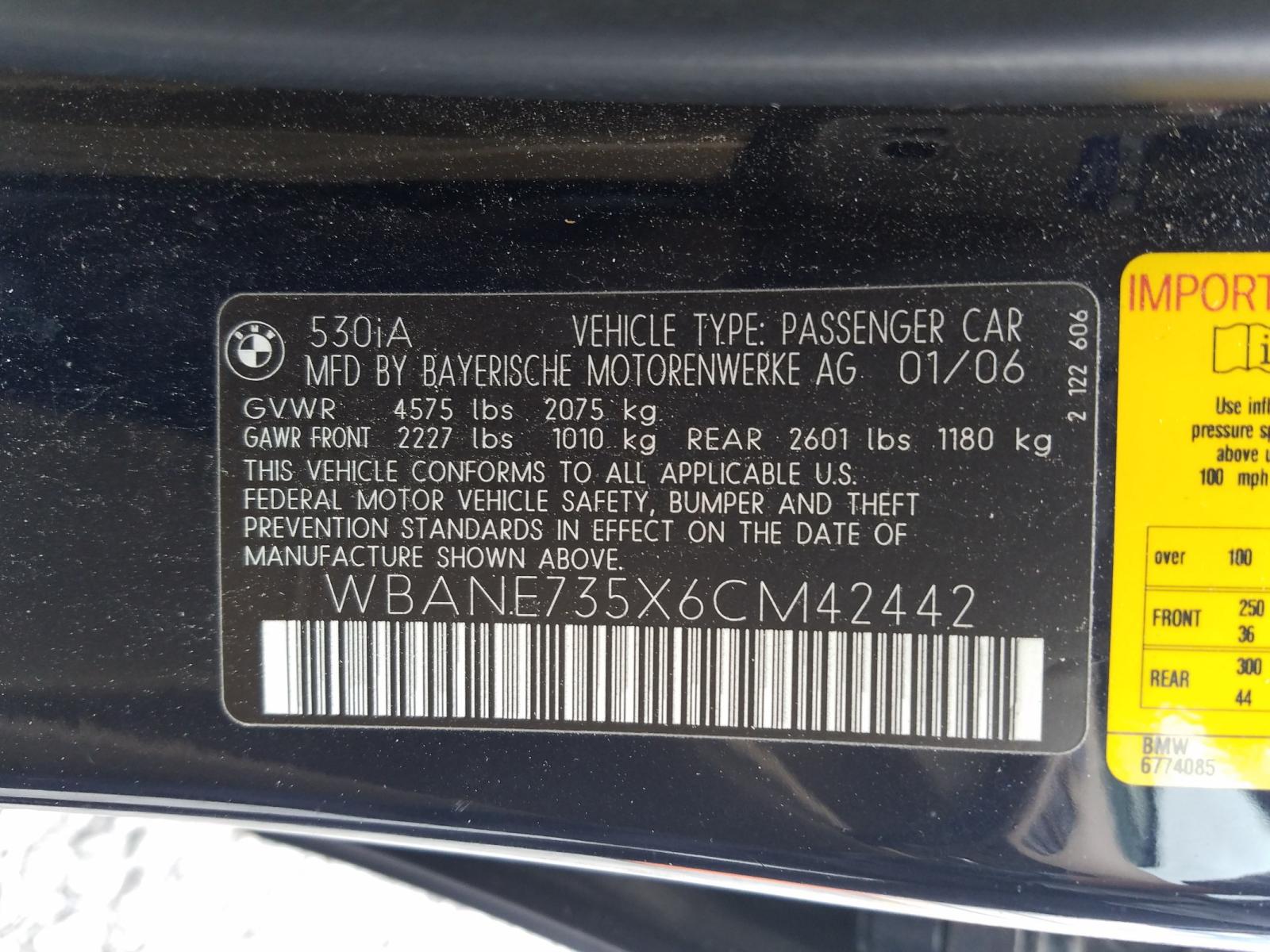 Photo 10 from auction – 2006 BMW 530 I with VIN WBANE735X6CM42442