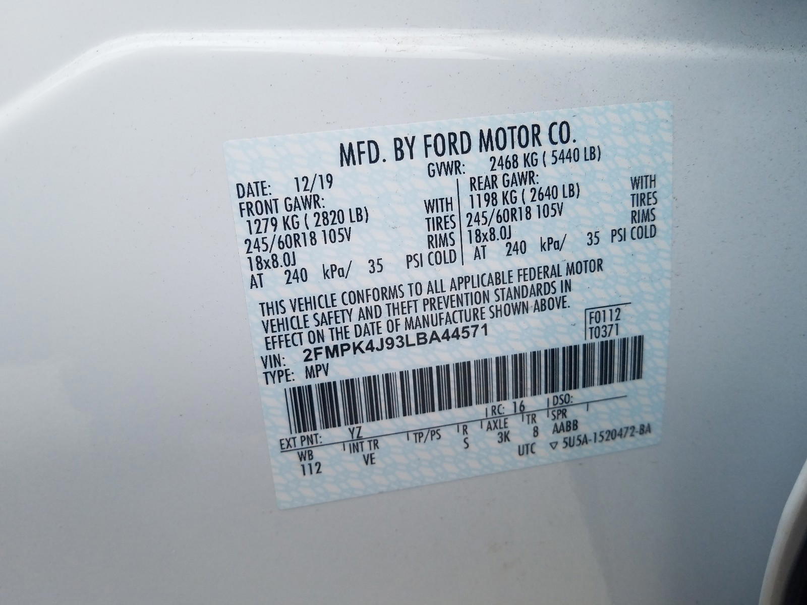 Photo 10 from auction – 2020 FORD EDGE SEL with VIN 2FMPK4J93LBA44571