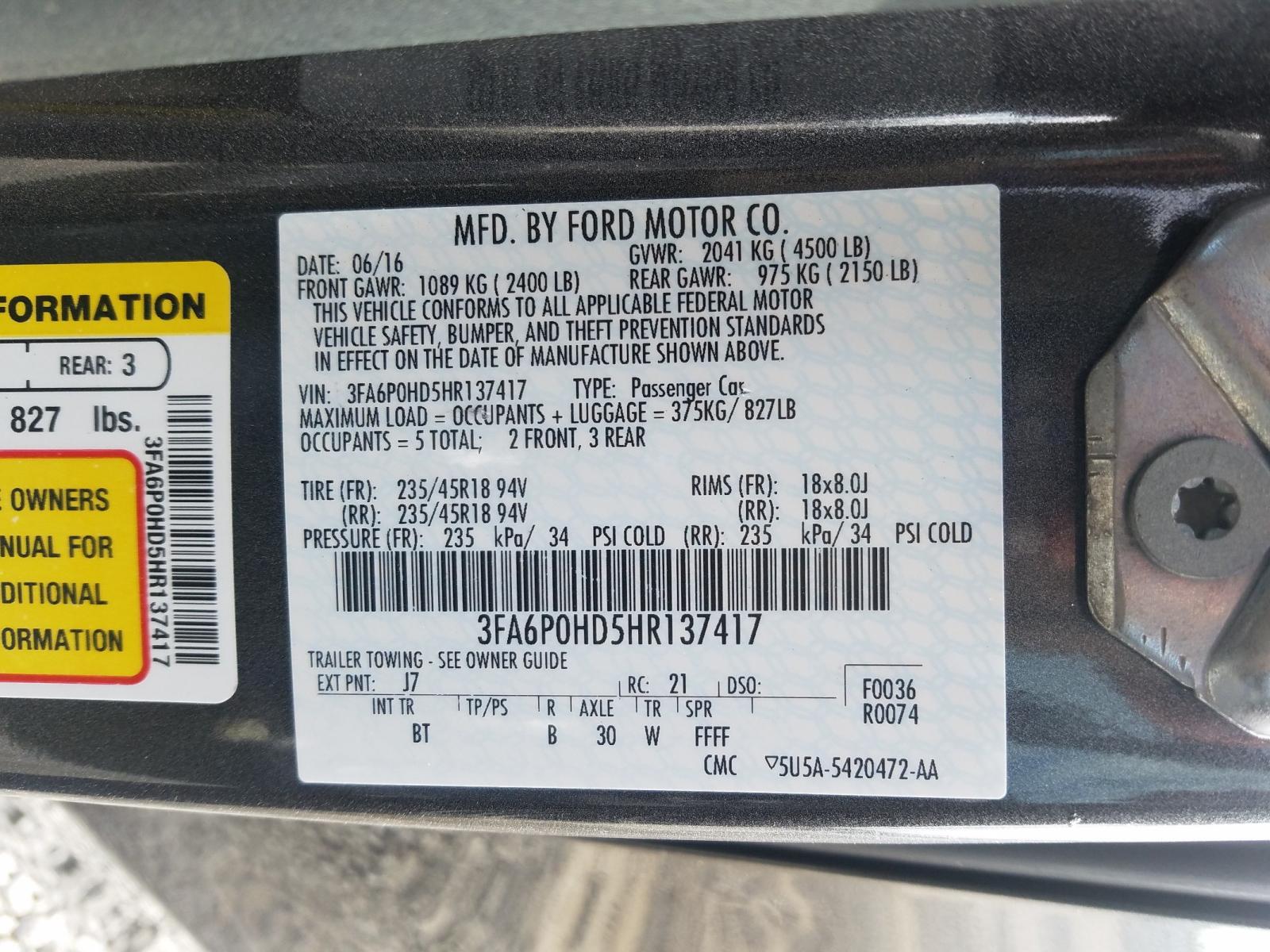 Photo 10 from auction – 2017 FORD FUSION SE with VIN 3FA6P0HD5HR137417