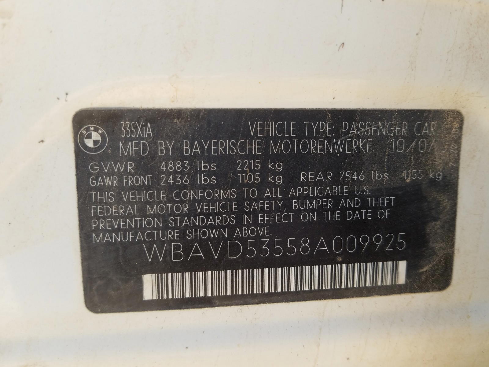 Photo 10 from auction – 2008 BMW 335 XI with VIN WBAVD53558A009925