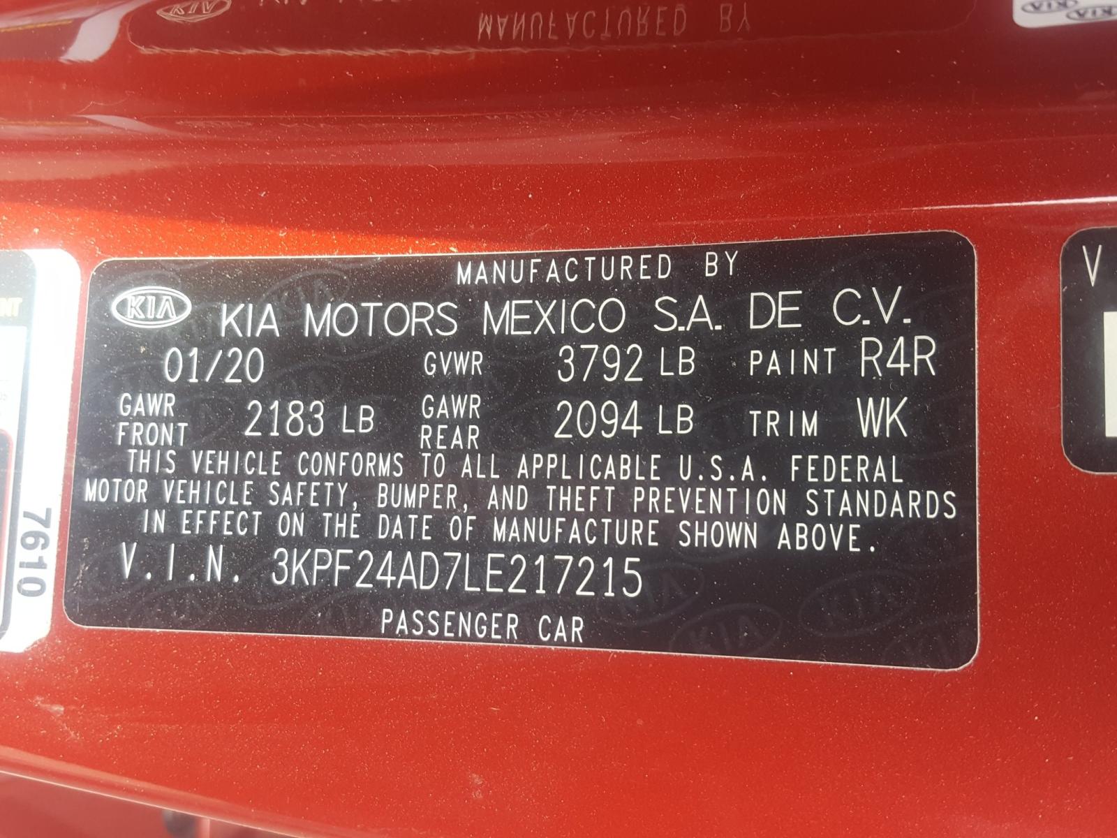 Photo 10 from auction – 2020 KIA FORTE FE with VIN 3KPF24AD7LE217215