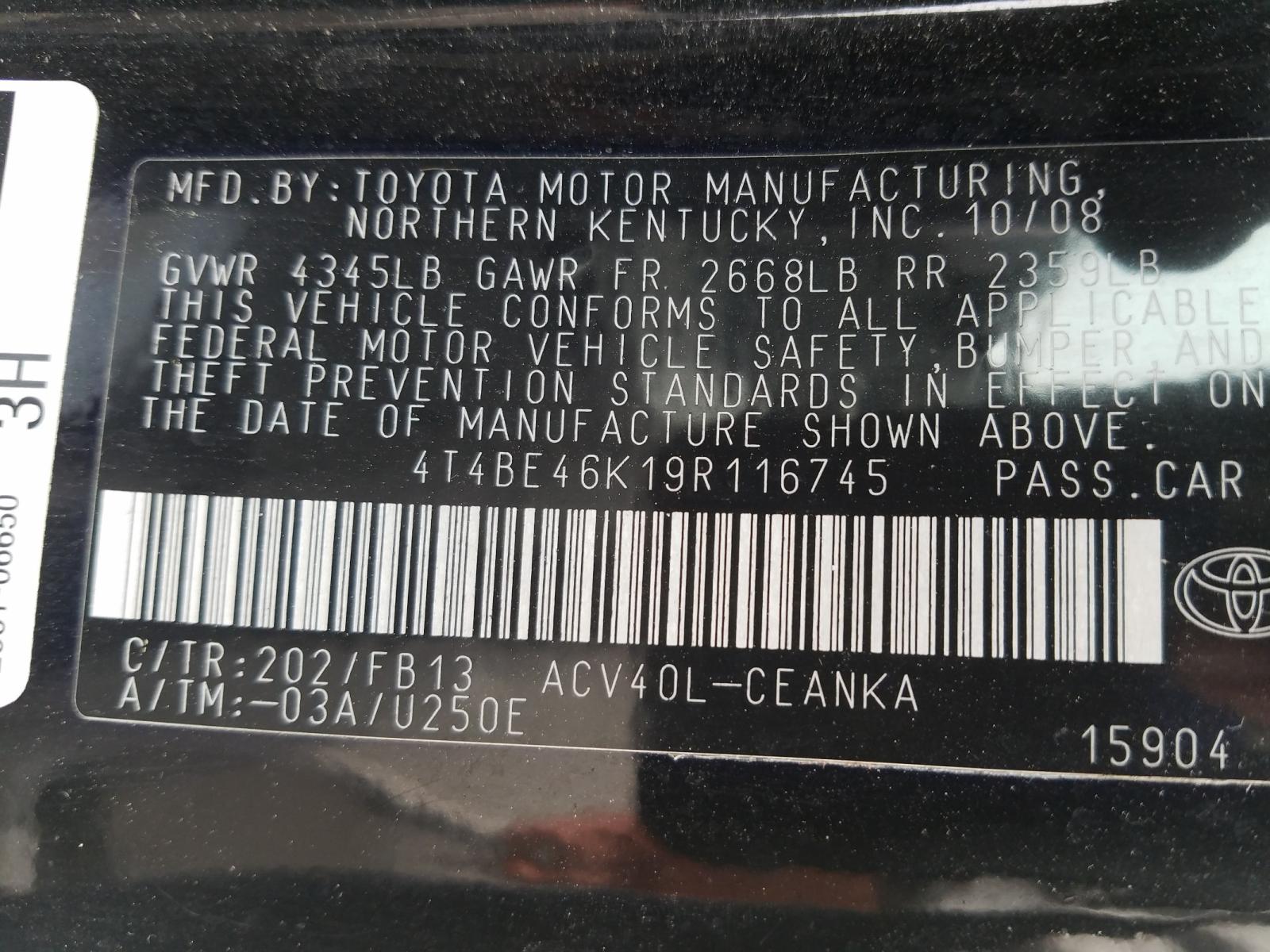 Photo 10 from auction – 2009 TOYOTA CAMRY BASE with VIN 4T4BE46K19R116745