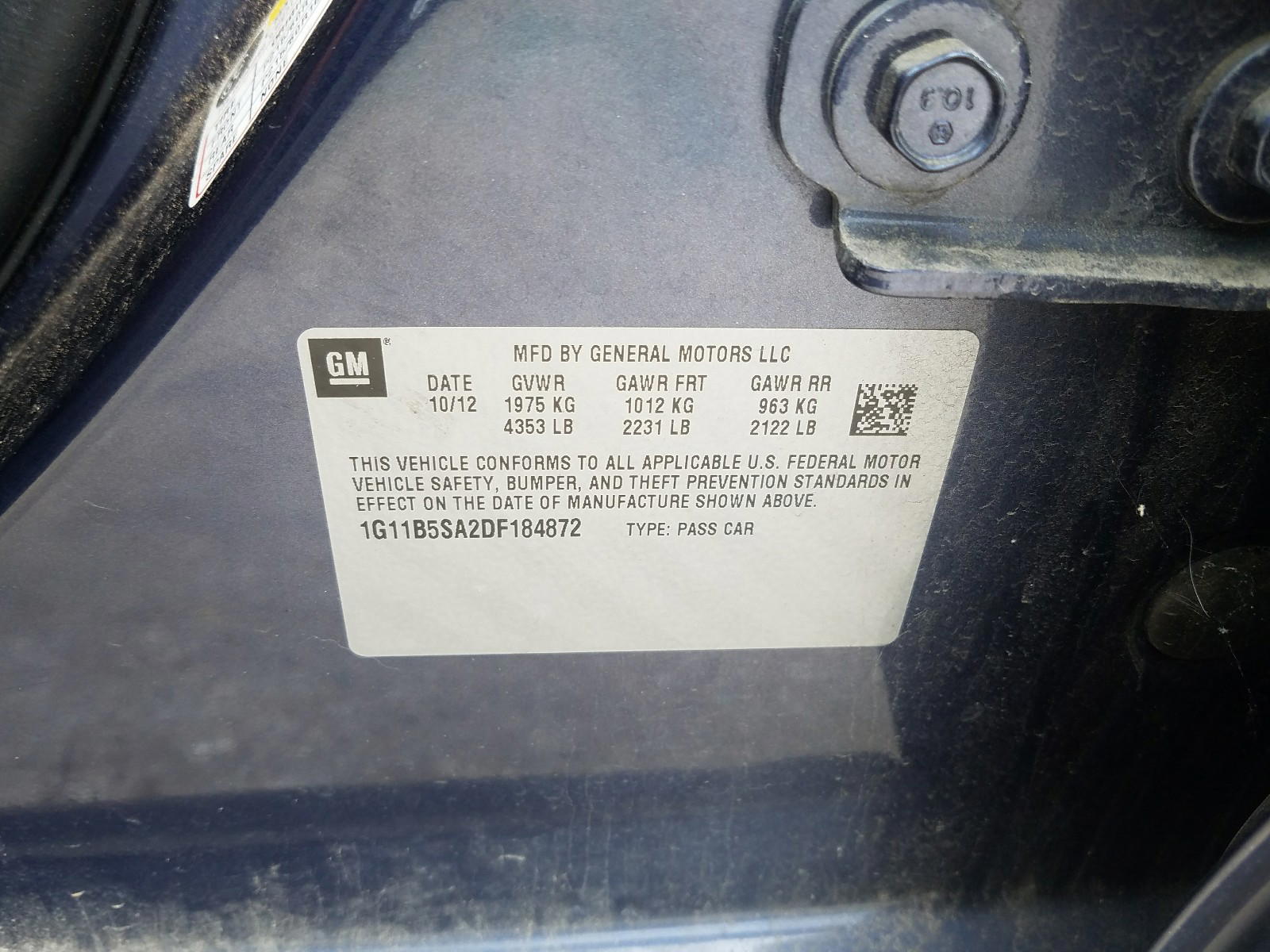 Photo 10 from auction – 2013 CHEVROLET MALIBU LS with VIN 1G11B5SA2DF184872