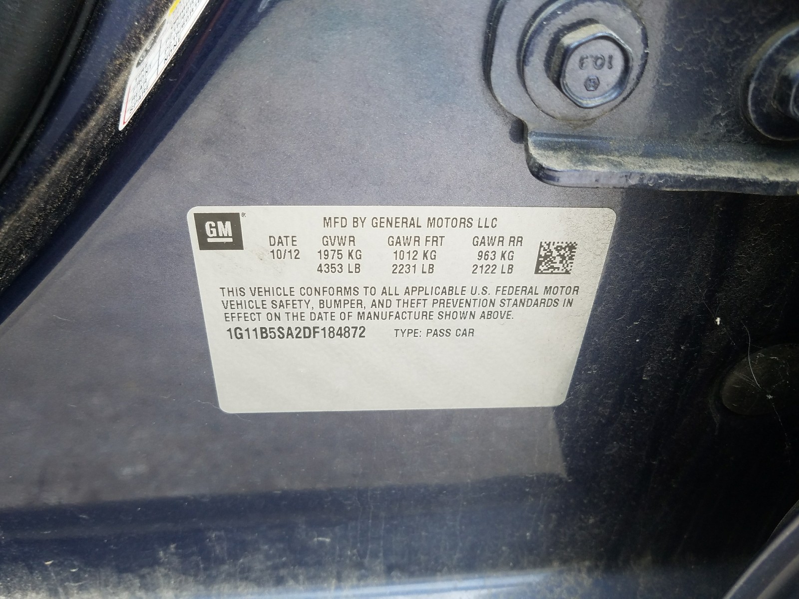 Zdjęcie 10 z aukcji – 2013 CHEVROLET MALIBU LS z VIN 1G11B5SA2DF184872