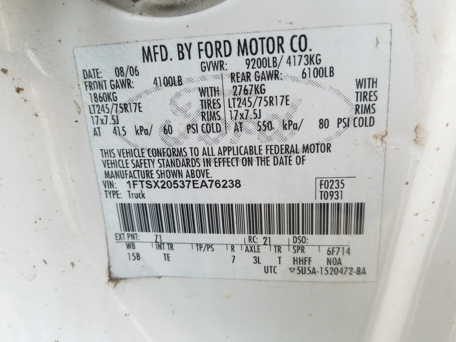 Photo 10 from auction – 2007 FORD F250 SUPER with VIN 1FTSX20537EA76238