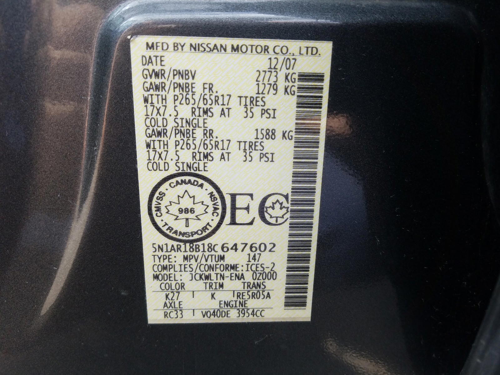 Photo 10 from auction – 2008 NISSAN PATHFINDER with VIN 5N1AR18B18C647602