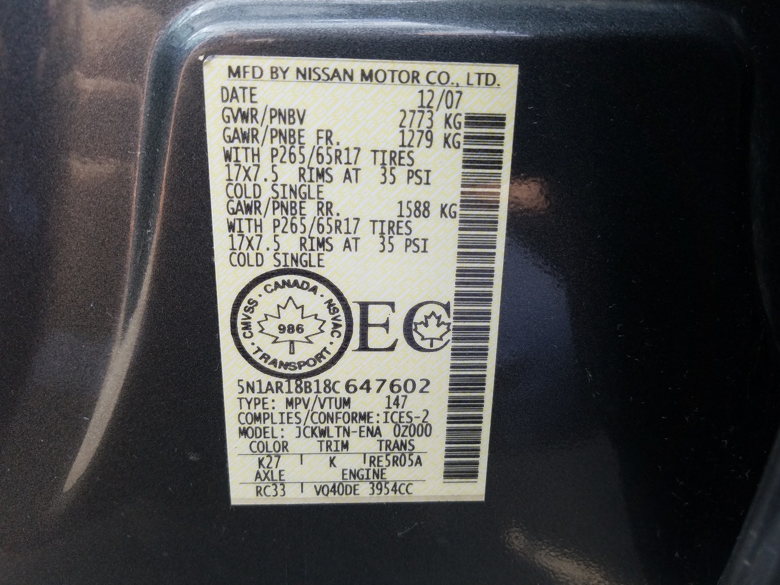 Zdjęcie 10 z aukcji – 2008 NISSAN PATHFINDER z VIN 5N1AR18B18C647602