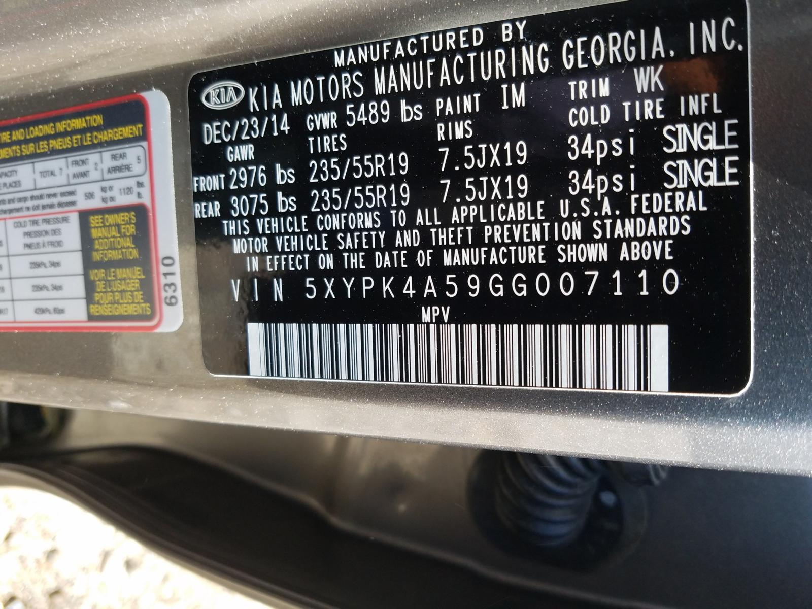 Photo 10 from auction – 2016 KIA SORENTO SX with VIN 5XYPK4A59GG007110